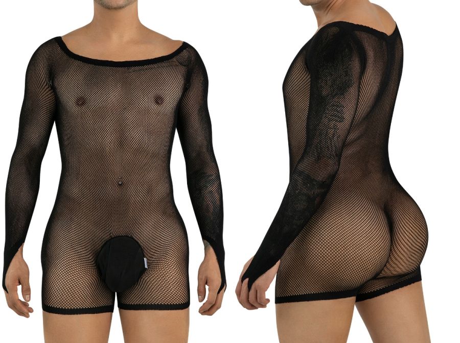 CandyMan 99955 Mens Stretch Fishnet Bodysuit with Long Sleeves Black