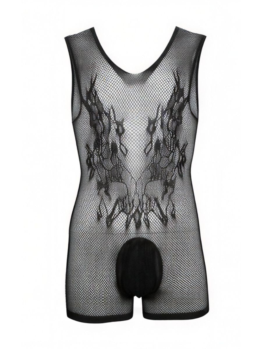CandyMan 99958 Mens Stretch Fishnet Bodysuit with Lace Style Graphic Design Black