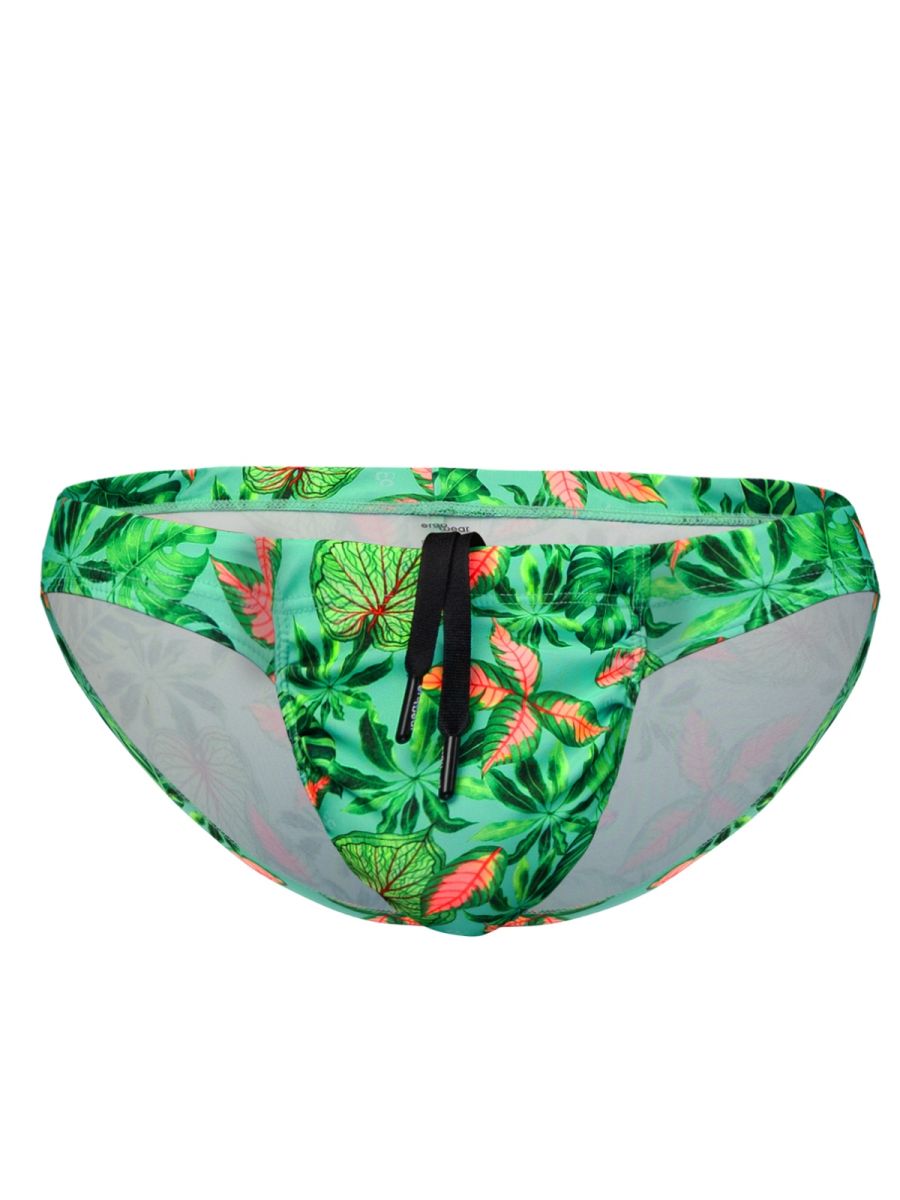 ErgoWear EW1828 Vibrant Tropical Leaf Print Mens Swim Bikini Aqua Leaves