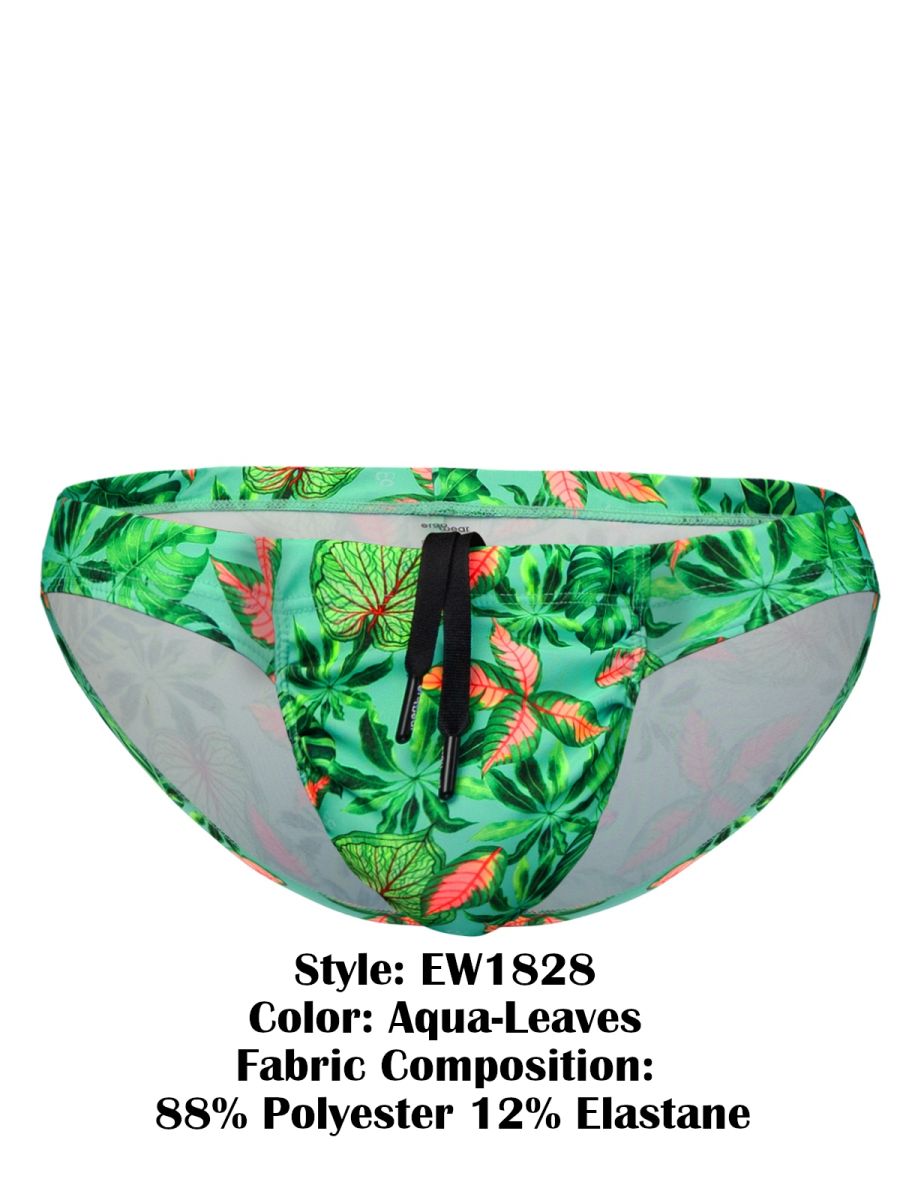 ErgoWear EW1828 Vibrant Tropical Leaf Print Mens Swim Bikini Aqua Leaves