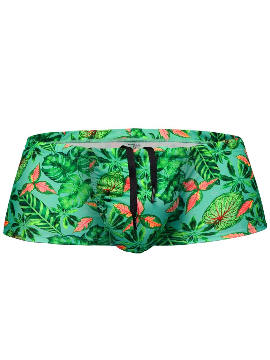 ErgoWear EW1829 Tropical Foliage Mens 4-Way Stretch Swim Trunks Aqua Leaves