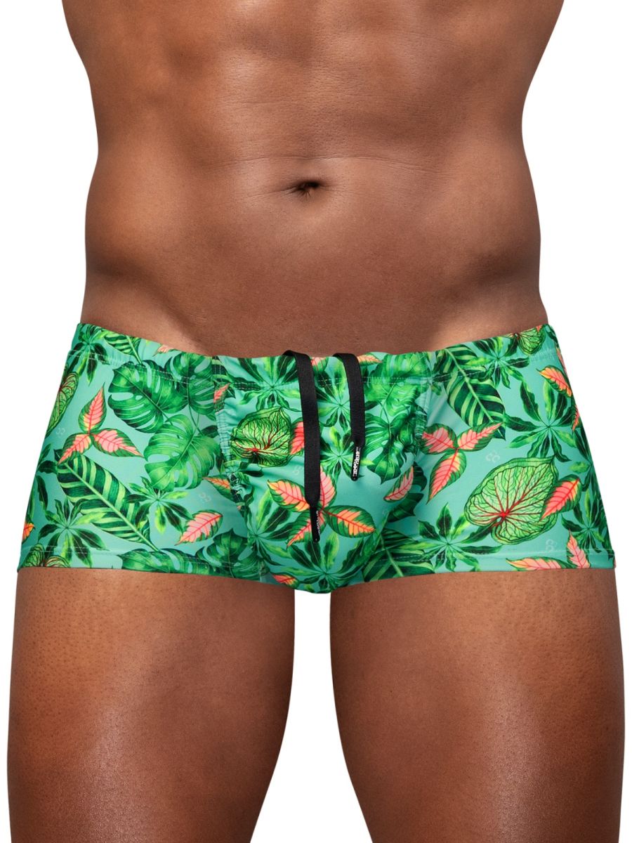 ErgoWear EW1829 Tropical Foliage Mens 4-Way Stretch Swim Trunks Aqua Leaves