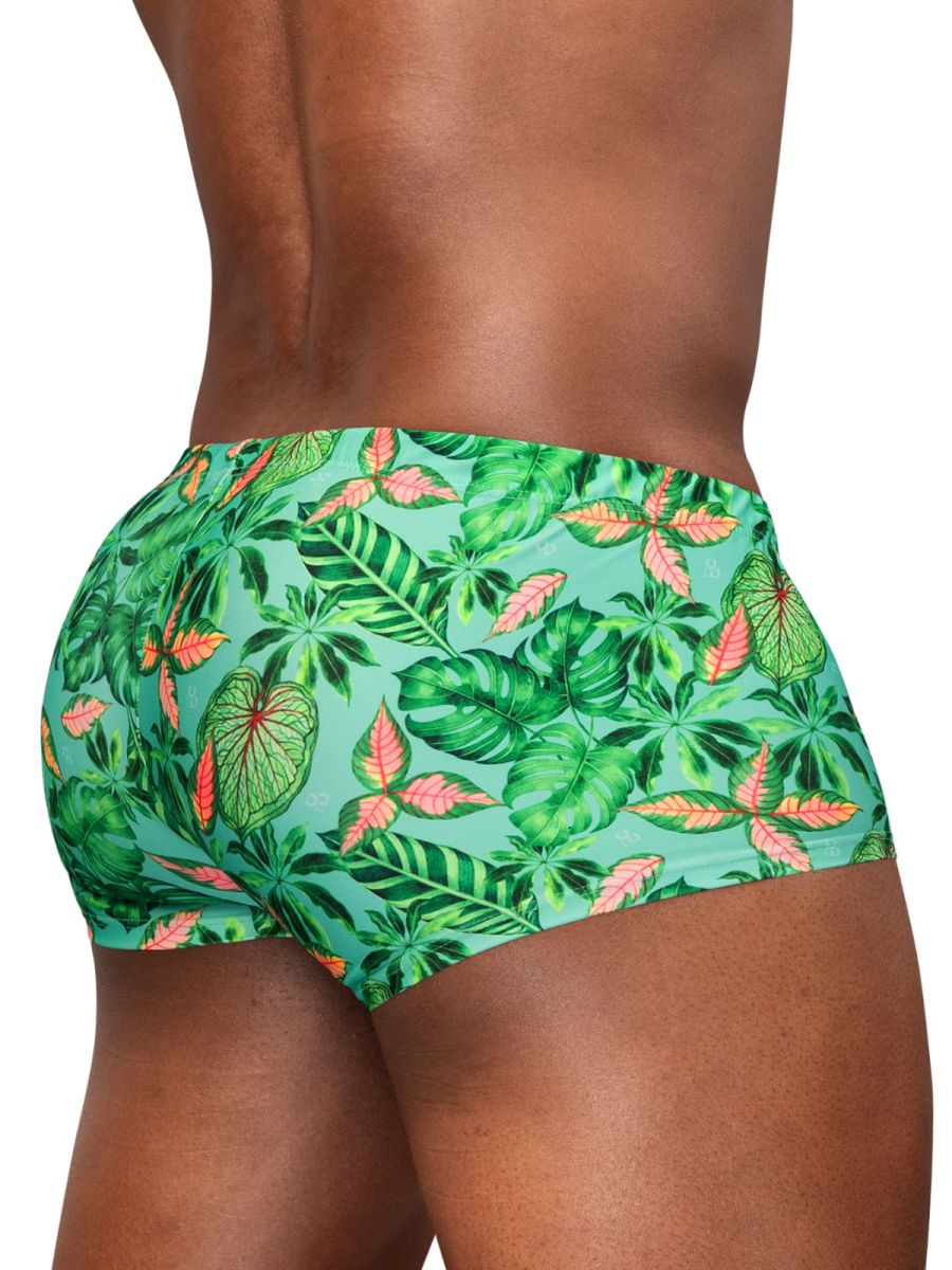 ErgoWear EW1829 Tropical Foliage Mens 4-Way Stretch Swim Trunks Aqua Leaves