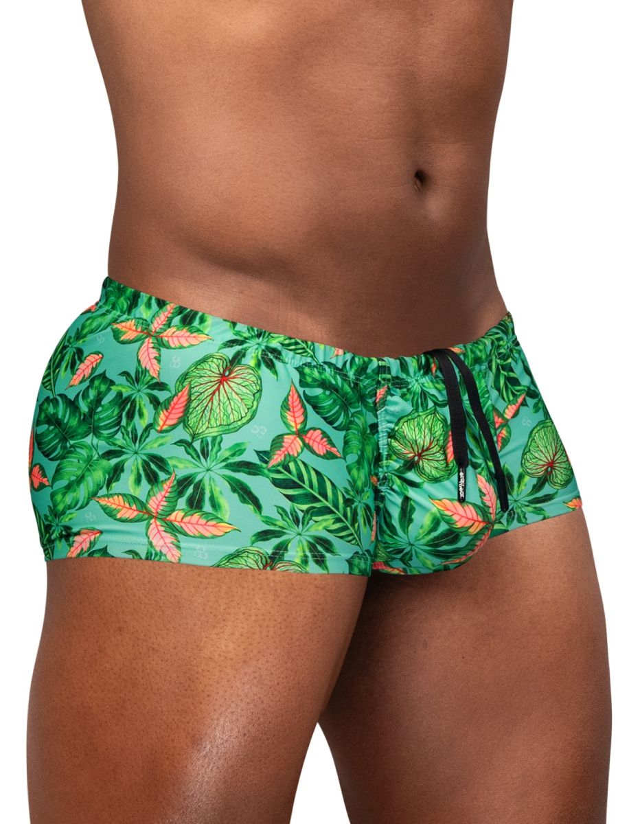 ErgoWear EW1829 Tropical Foliage Mens 4-Way Stretch Swim Trunks Aqua Leaves