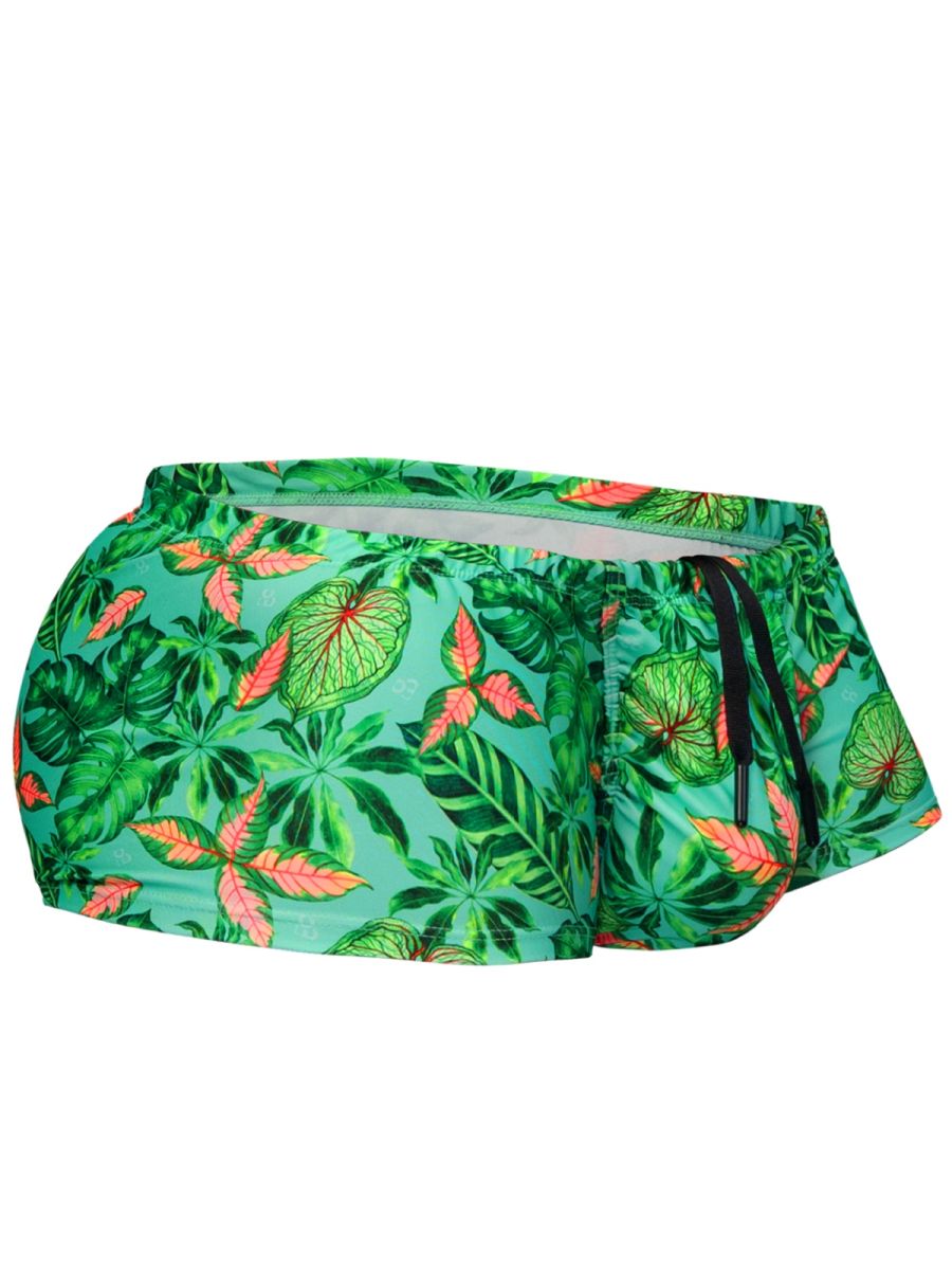 ErgoWear EW1829 Tropical Foliage Mens 4-Way Stretch Swim Trunks Aqua Leaves