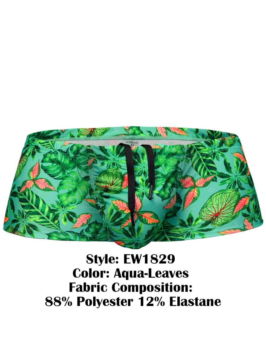 ErgoWear EW1829 Tropical Foliage Mens 4-Way Stretch Swim Trunks Aqua Leaves