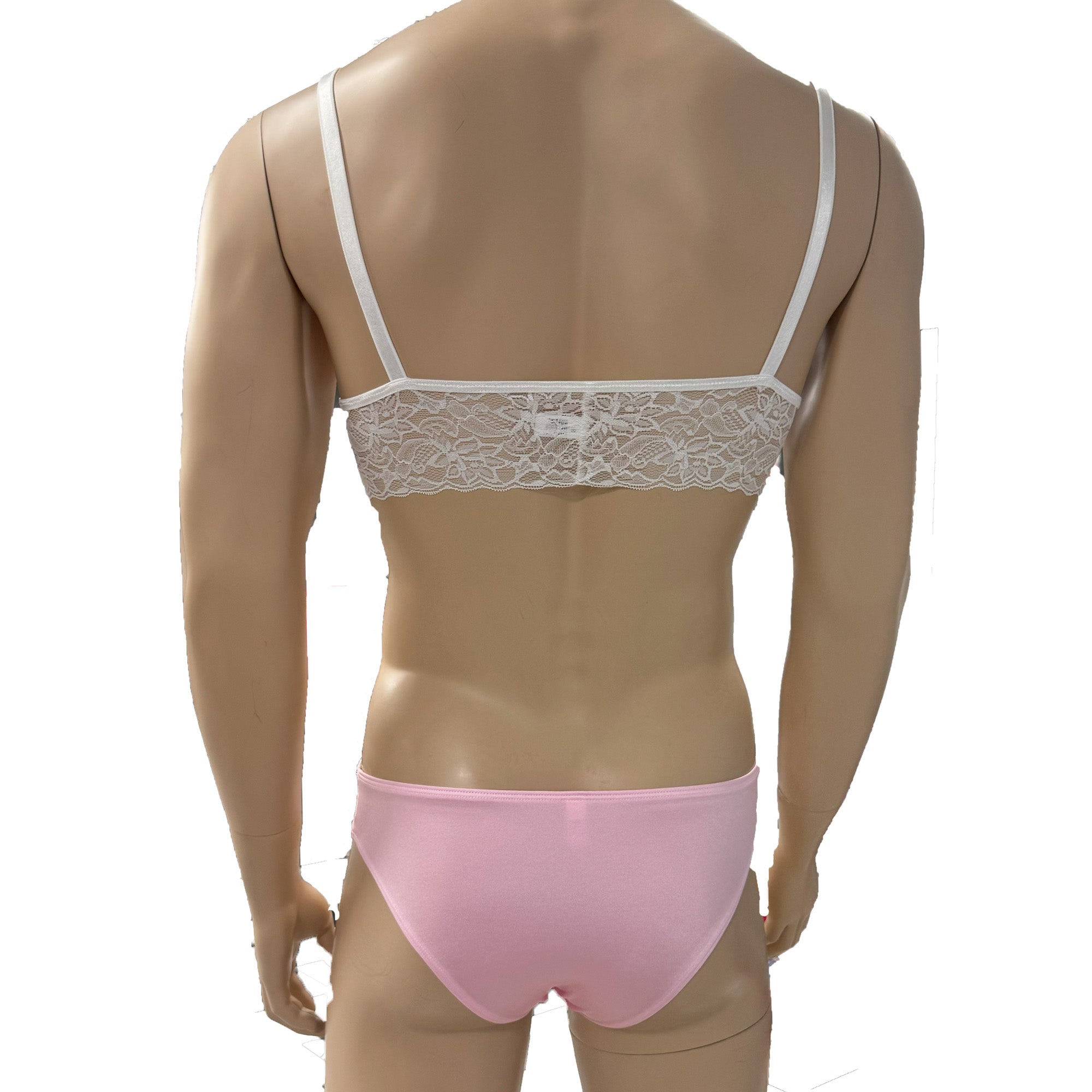 Mens Jackie Spandex & Lace Bra Top and Seamless Front Brief Light Pink & White Lace
