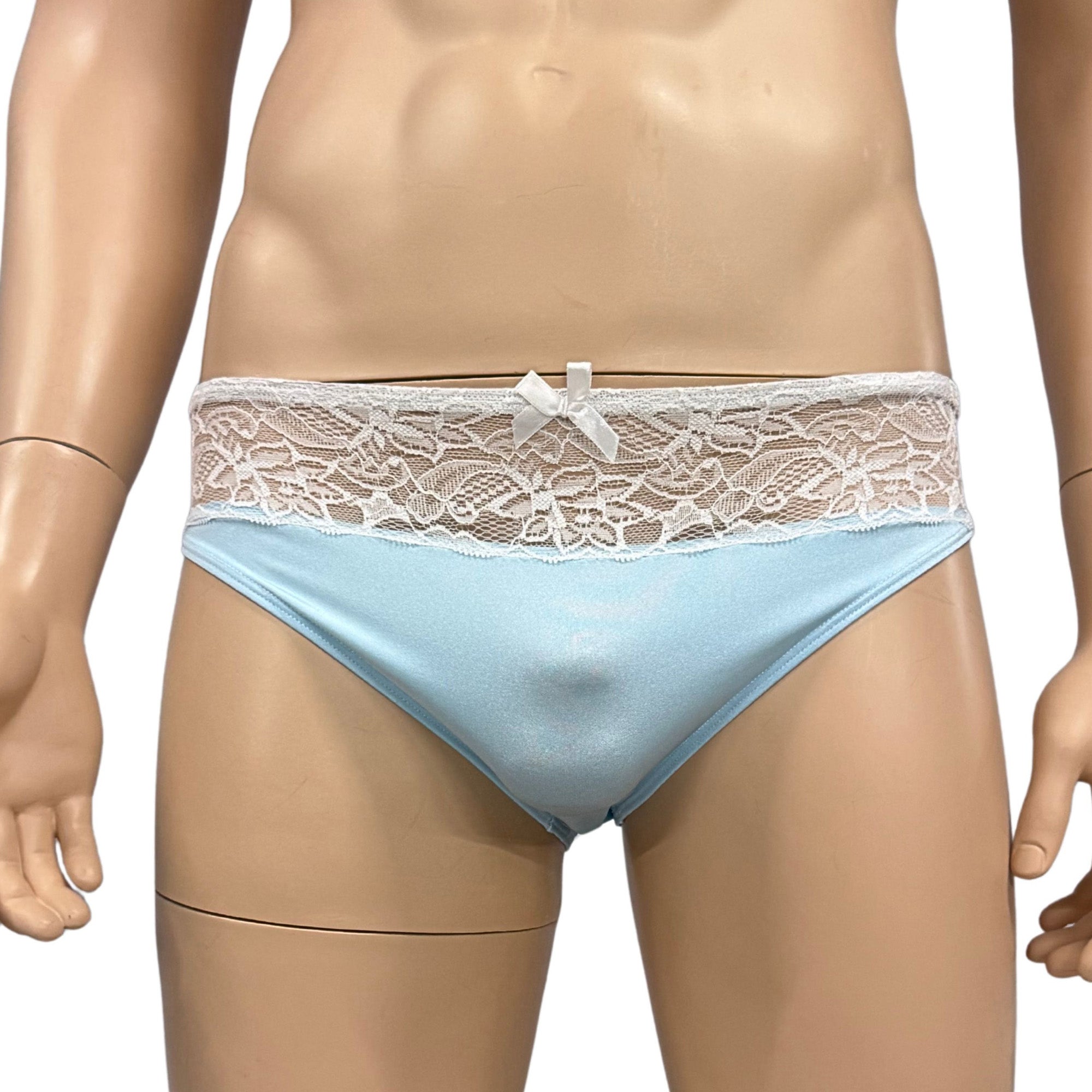 Mens Jackie Spandex & Lace Bra Top and Seamless Front Brief Light Blue & White Lace