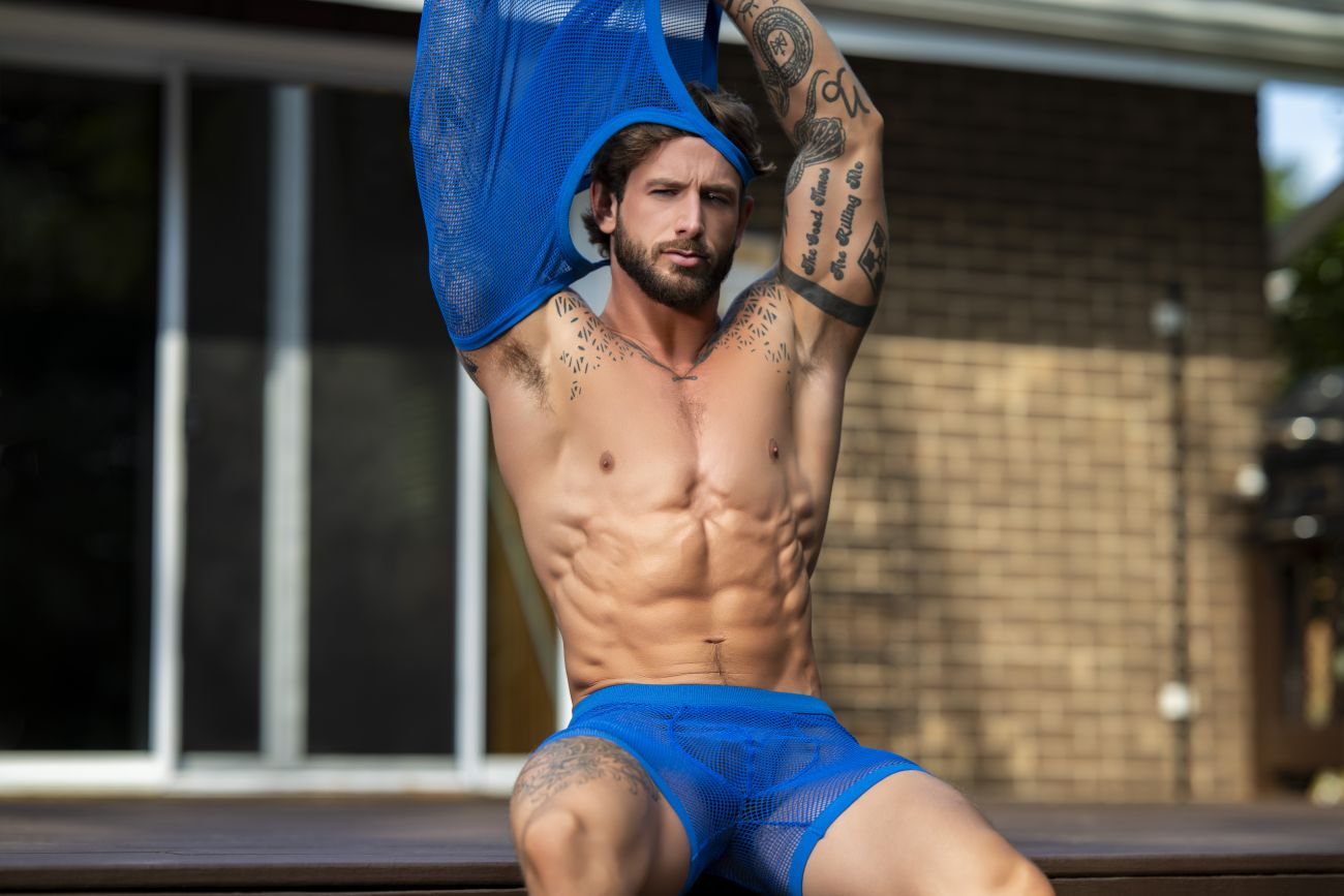 Male Power 152-11C Mens Sexy Fishnet 2 Pouch Short Royal