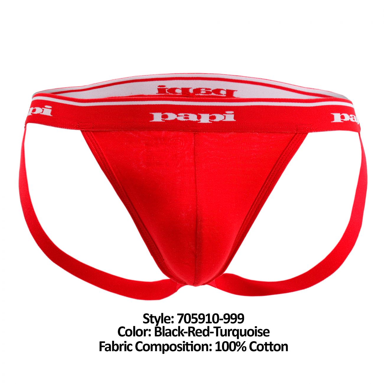 Papi 705910-999 3PK 1X1 Rib Jockstrap Black. Red & Turquoise