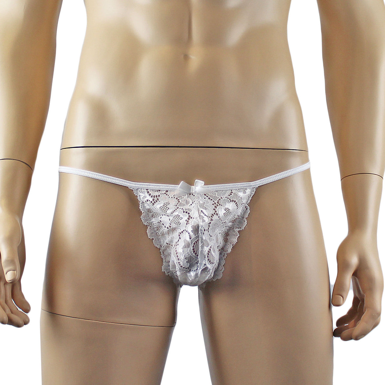 Mens Sweetheart Scalloped Shiny Lace Bra Top and G string White