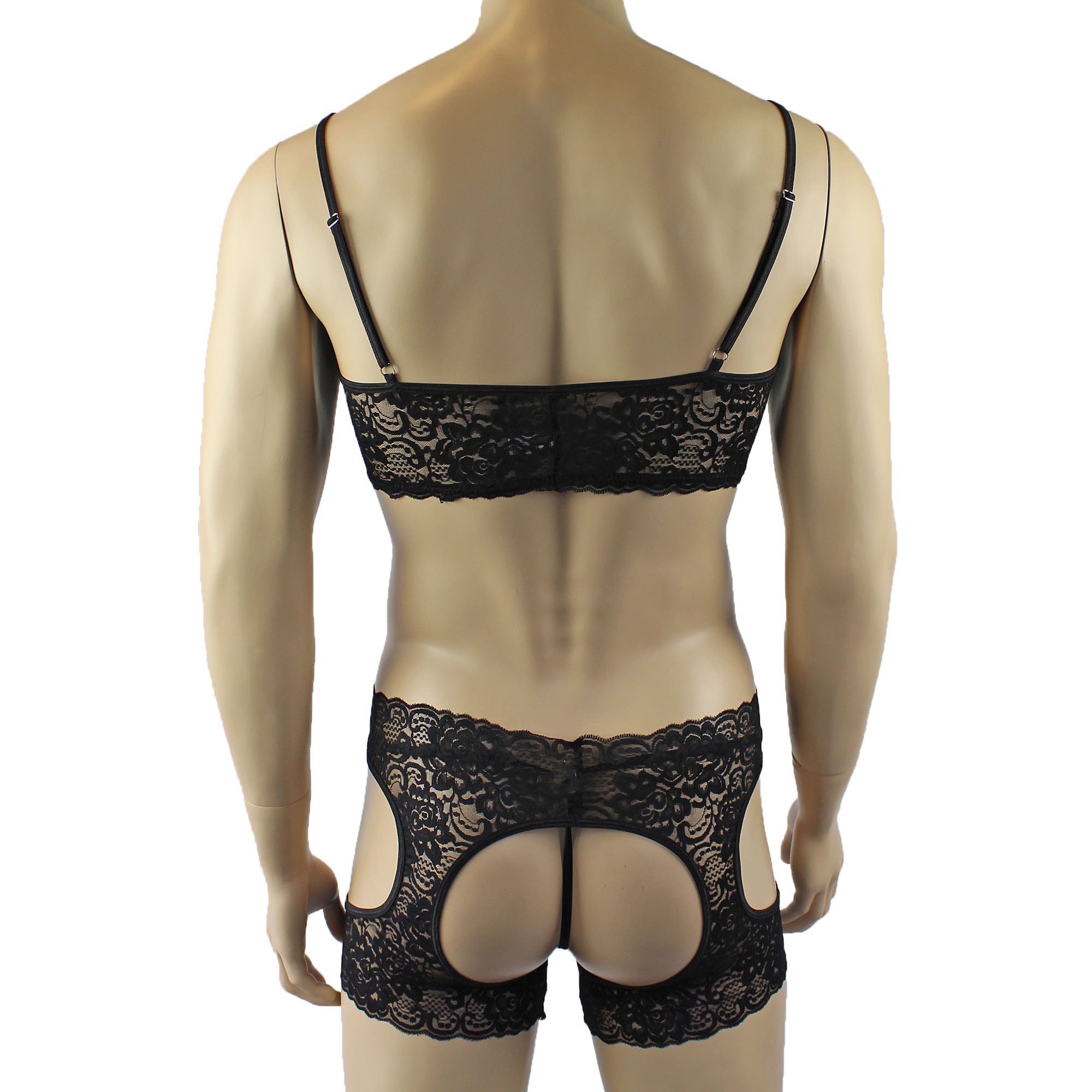 Mens Rebecca Pretty Floral Lingerie Lace Bra Top, Open Garter Boxer Shorts with G string Black