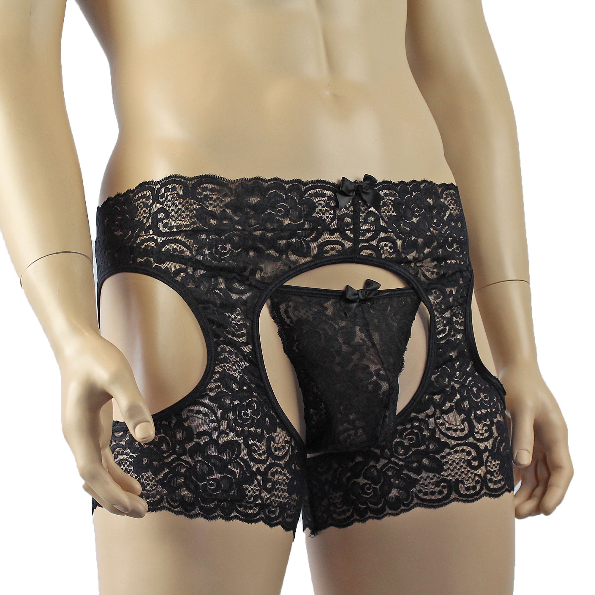 Mens Rebecca Pretty Floral Lingerie Lace Bra Top, Open Garter Boxer Shorts with G string Black