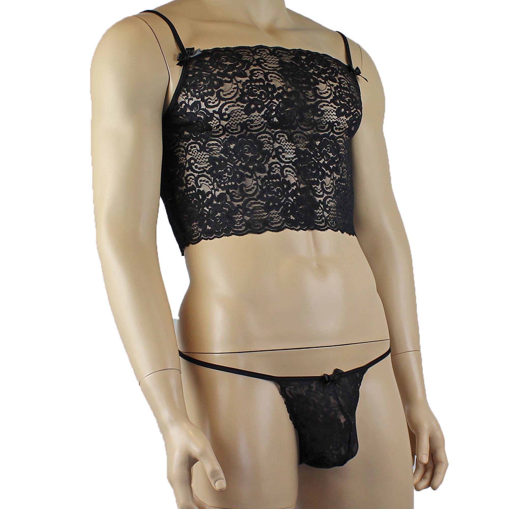 Mens Rebecca Pretty Floral Lingerie Lace Camisole Top, Micro Mini Skirt and G string Black