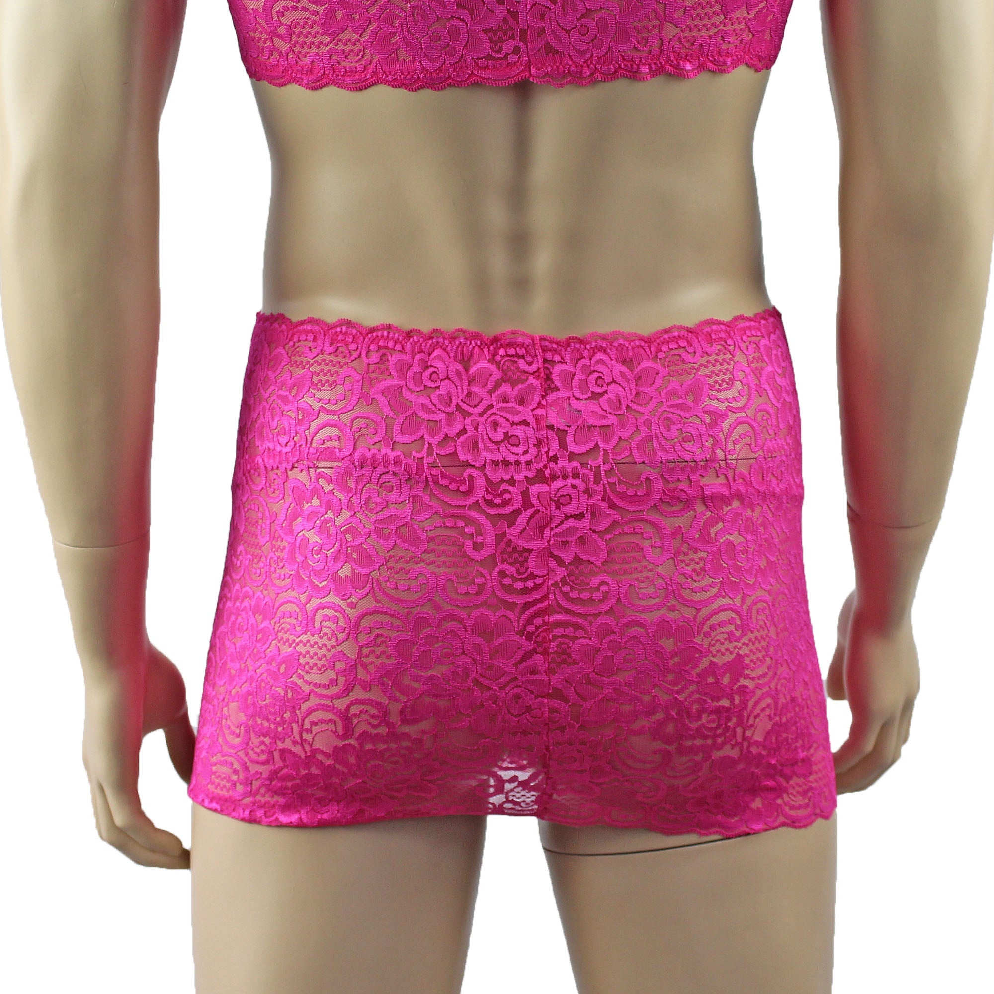 Mens Rebecca Pretty Floral Lingerie Lace Bra Top, Micro Mini Skirt and G string Hot Pink