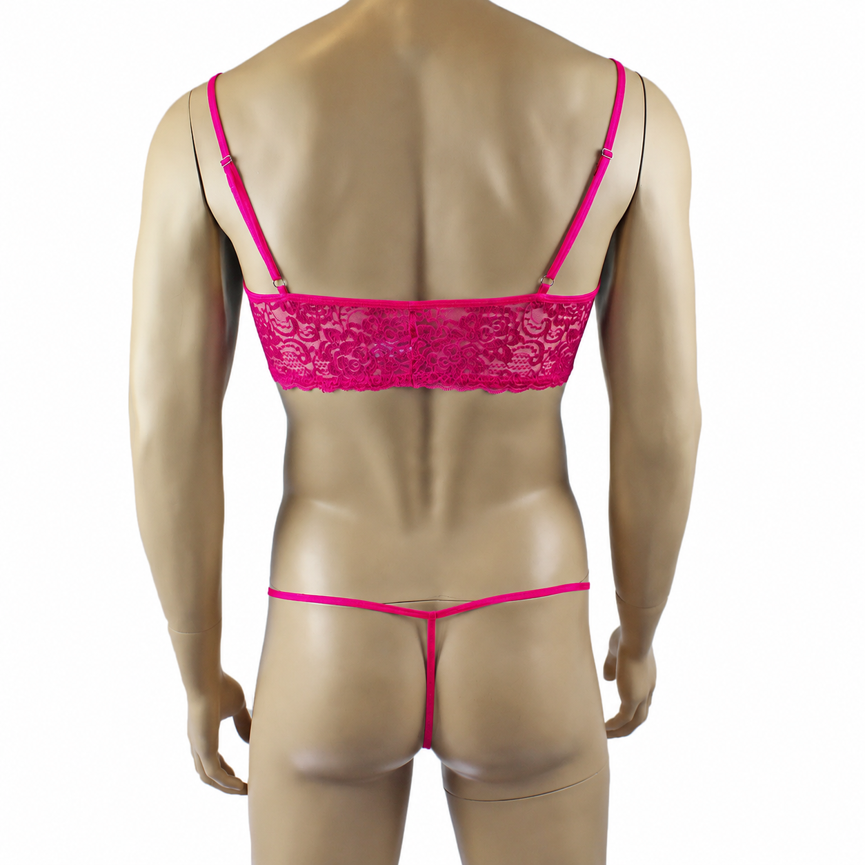Mens Rebecca Pretty Floral Lingerie Lace Bra Top, Micro Mini Skirt and G string Hot Pink