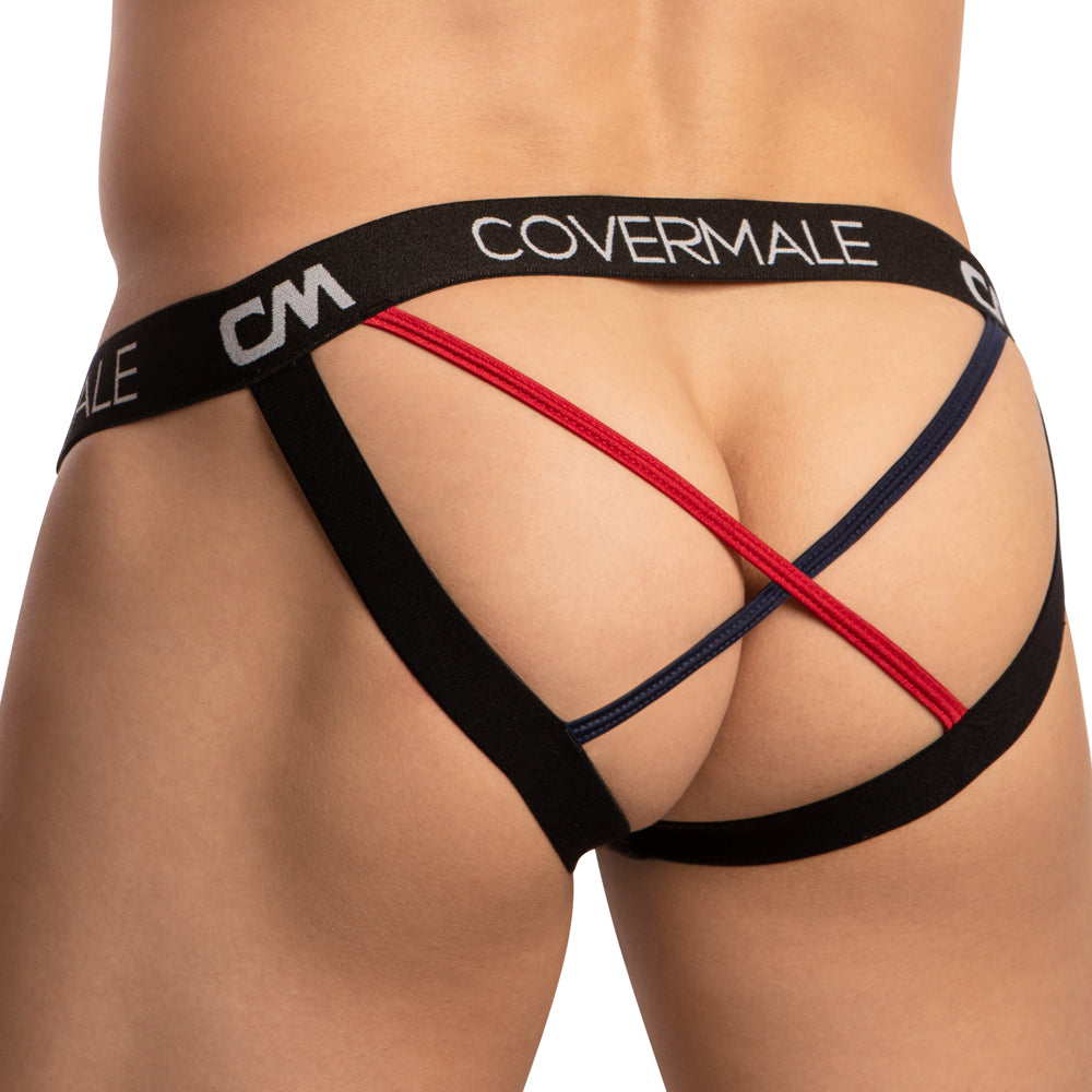 Cover Male CME029 Cross Colored String Back Jockstrap Black