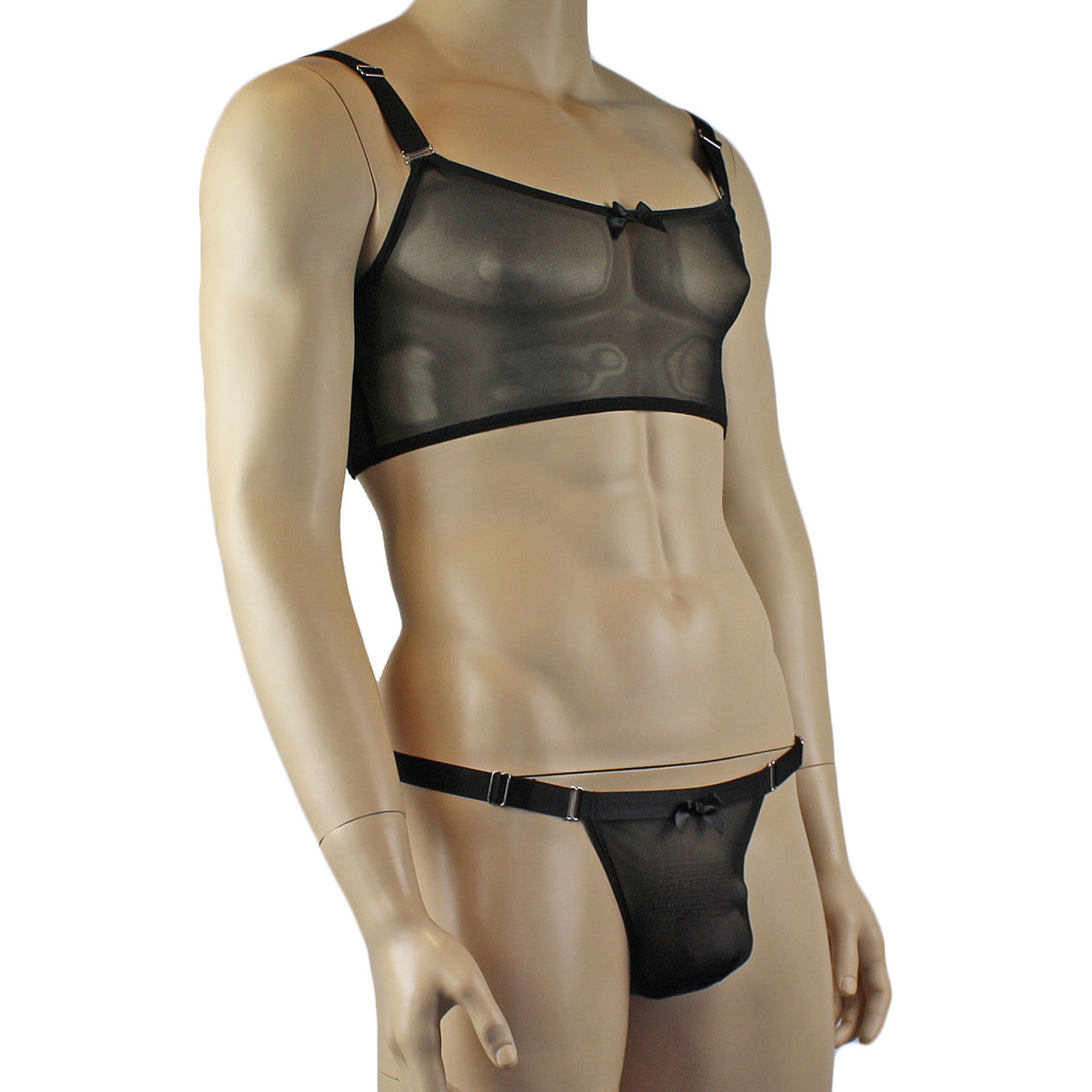 Mens Exotic Sheer Mesh Crop Bra Top Camisole & G string - Sizes up to 3XL Black