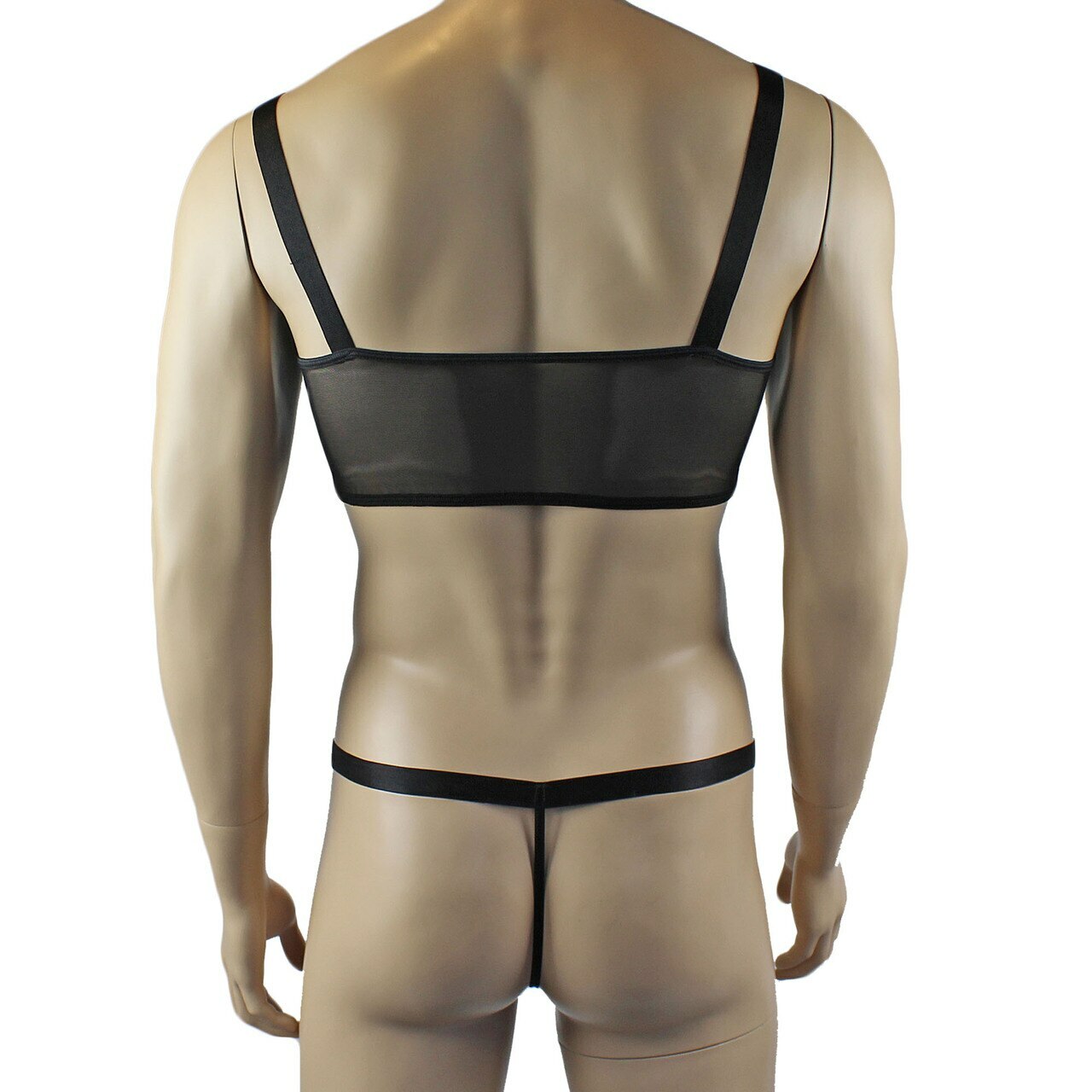 Mens Exotic Sheer Mesh Crop Bra Top Camisole, G string & Garterbelt - Sizes up to 3XL Black