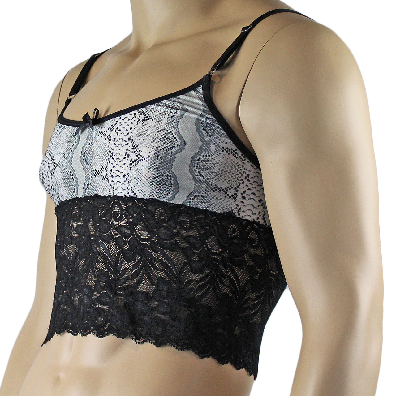 Mens Grey Snake Print & Black Lace Bra Top Camisole