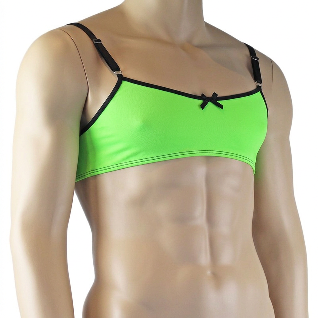 Mens Jenny Shiny Spandex Bra Top with Adjustable Straps Neon Green & Black