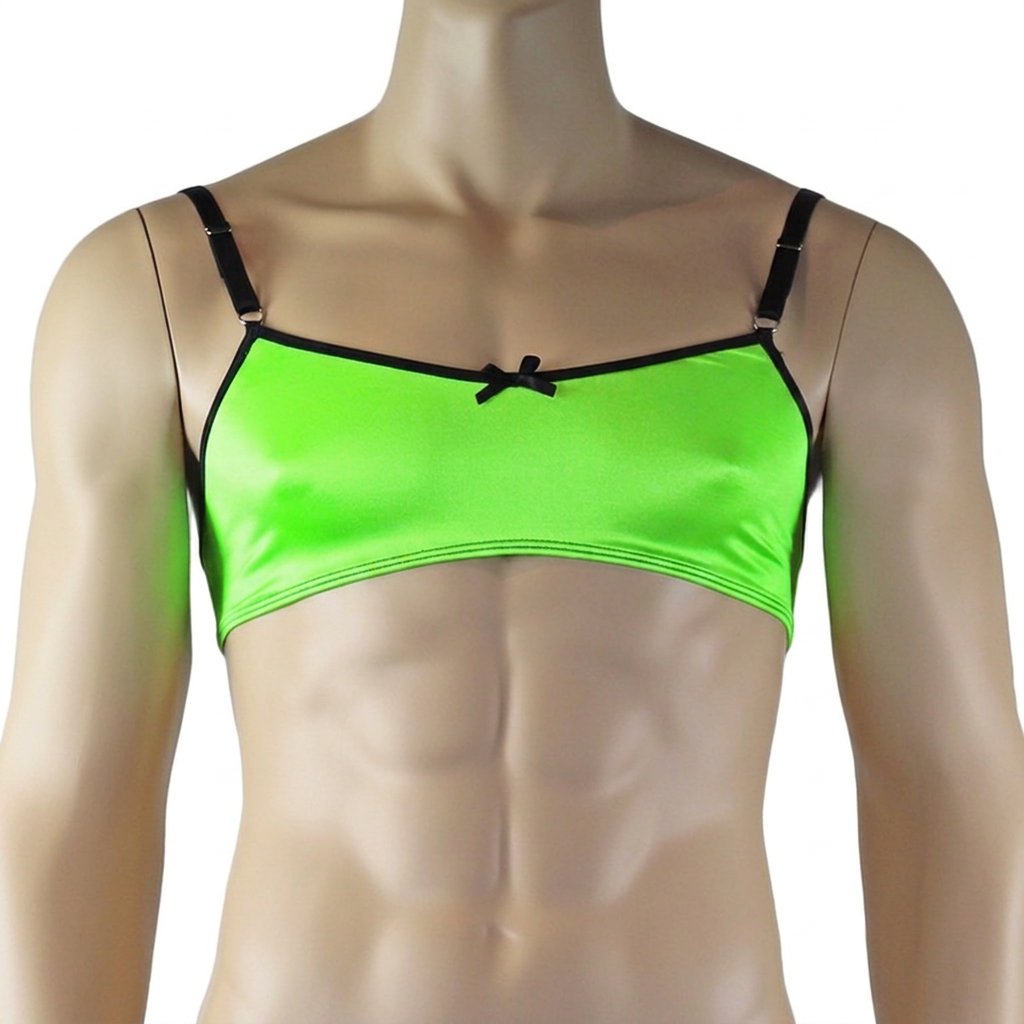 Mens Jenny Shiny Spandex Bra Top with Adjustable Straps Neon Green & Black