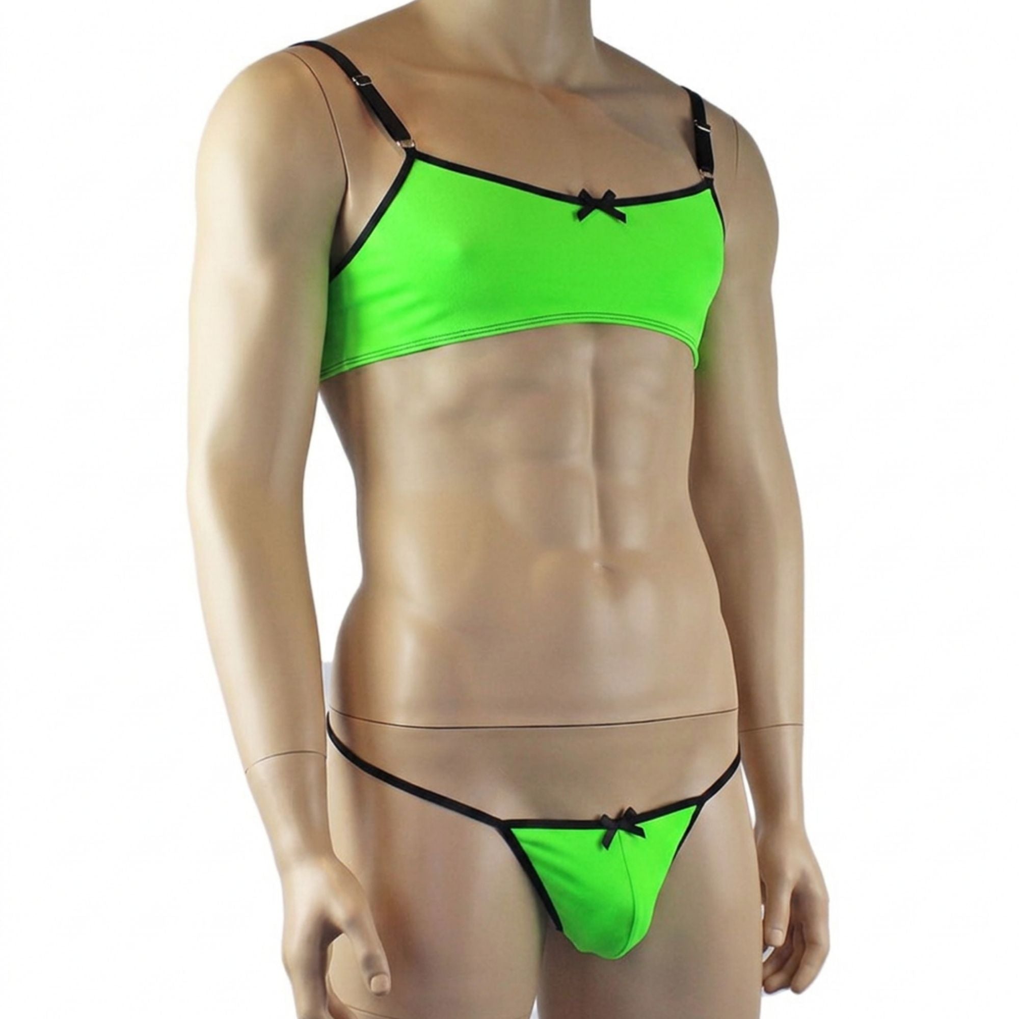 Mens Jenny Shiny Spandex Bra Top & G string Lingerie Neon Green & Black