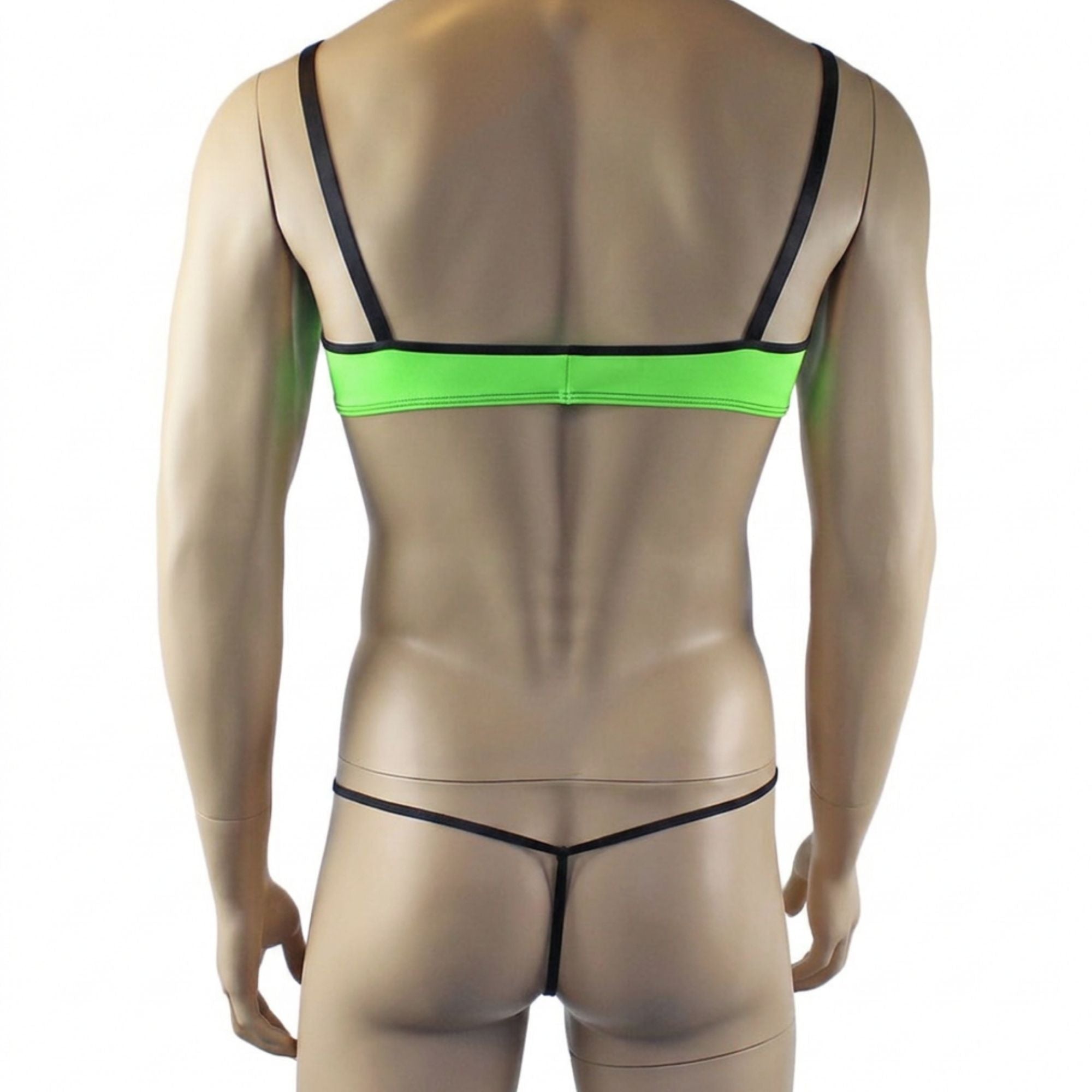 Mens Jenny Shiny Spandex Bra Top & G string Lingerie Neon Green & Black
