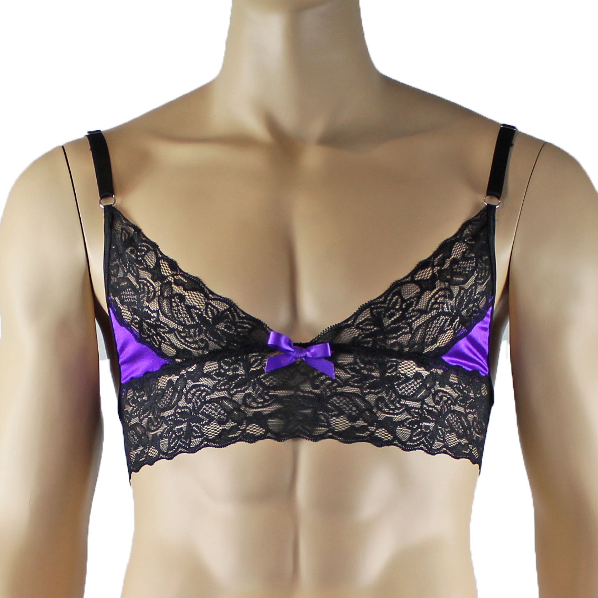 Mens Joanne Lace Bra Top Lingerie and Thong for Men Purple and Black Lace