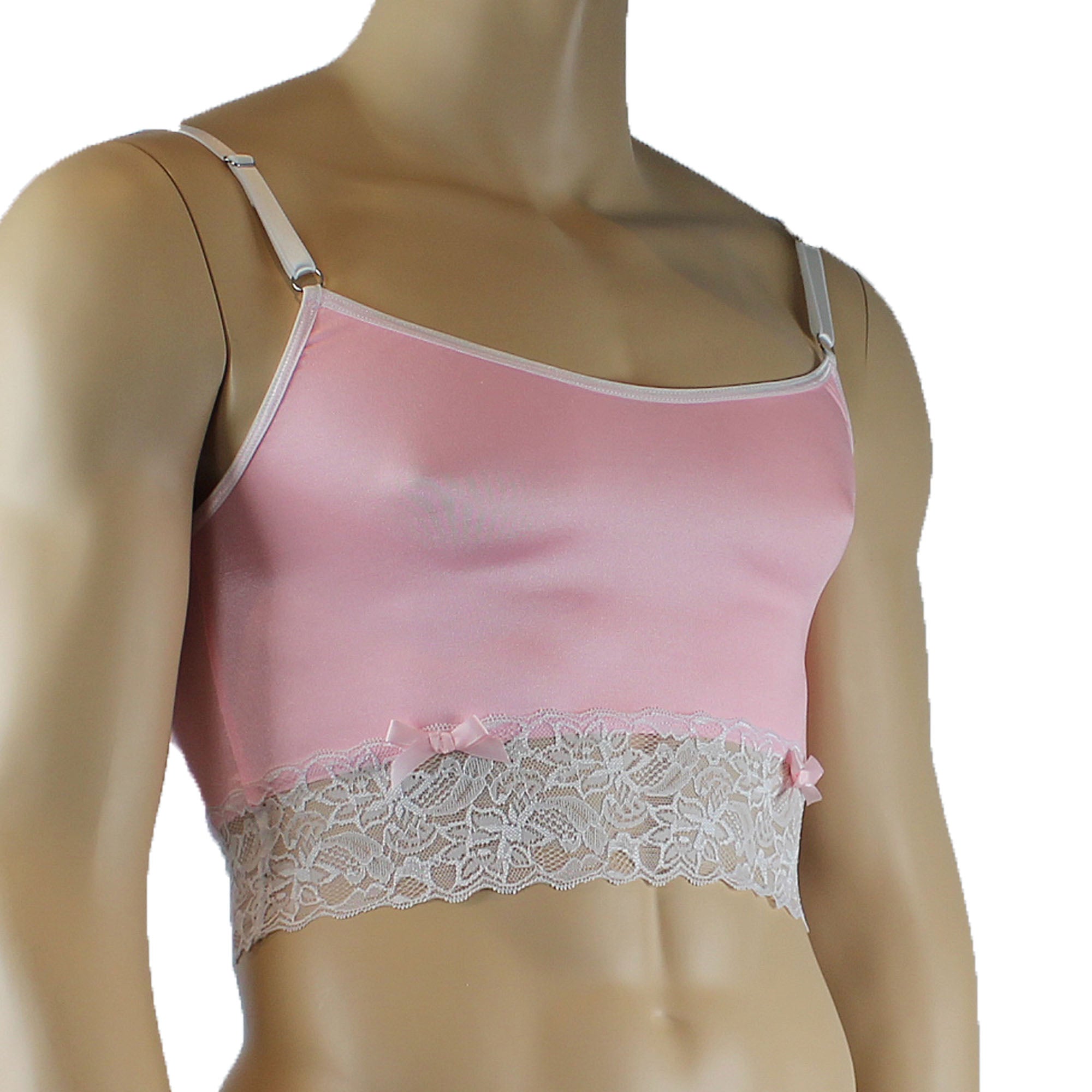 Mens Joanne Satin & Lace Crop Cami Top - Sizes up to 3XL Pink and White Lace