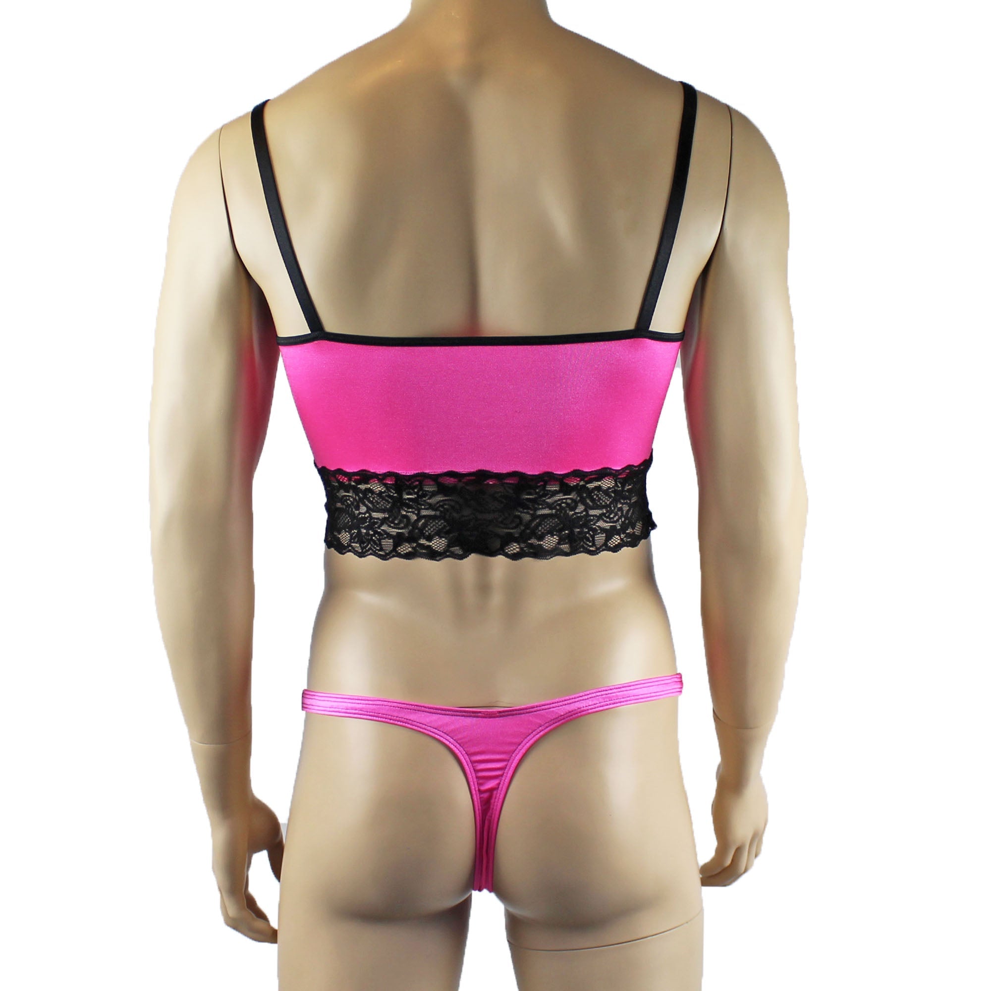 Mens Joanne Satin & Lace Crop Cami Top with Sexy Thong - Sizes up to 3XL Hot Pink and Black Lace