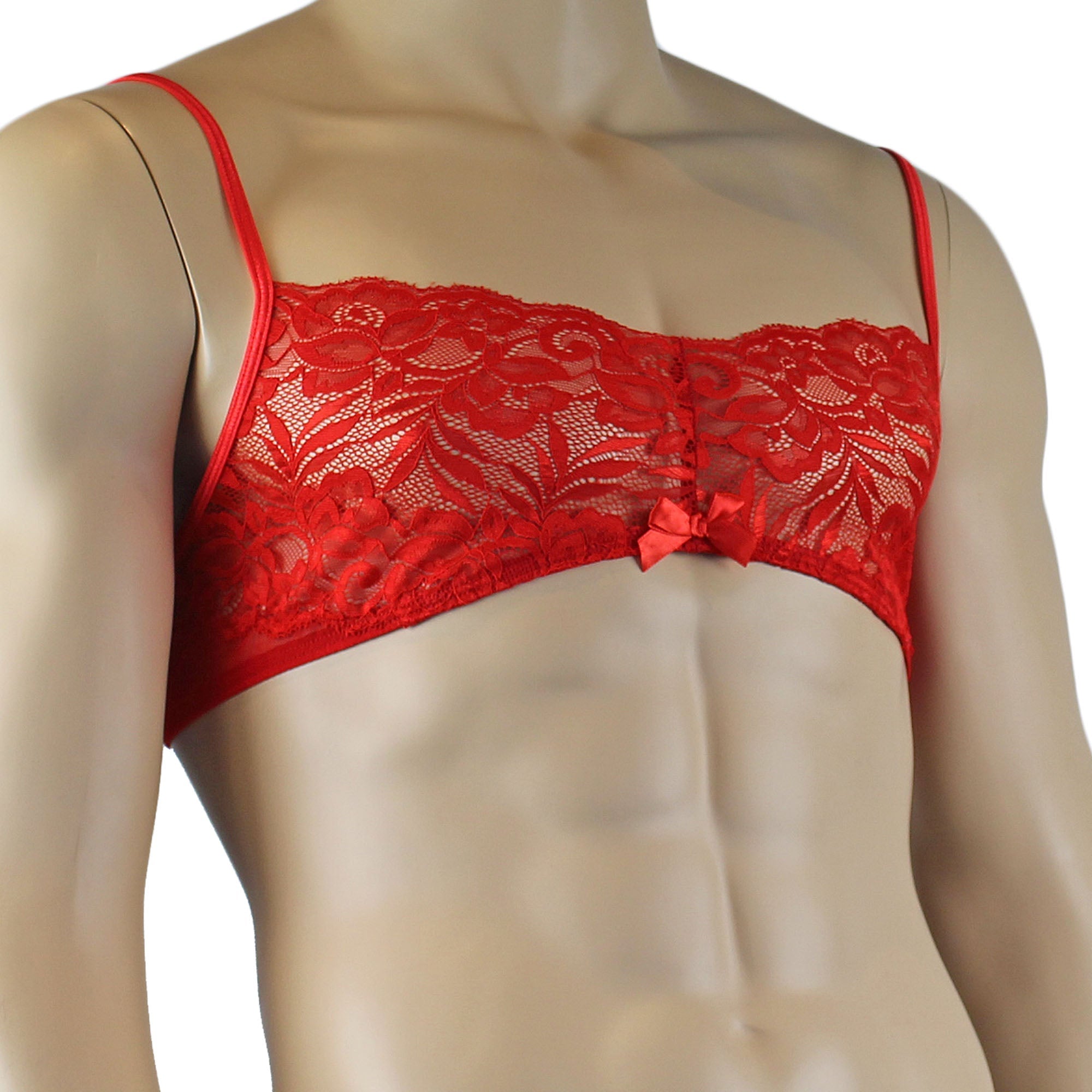 Mens Kristy Lace & Mesh Bra Top BR02L with thin Straps Red