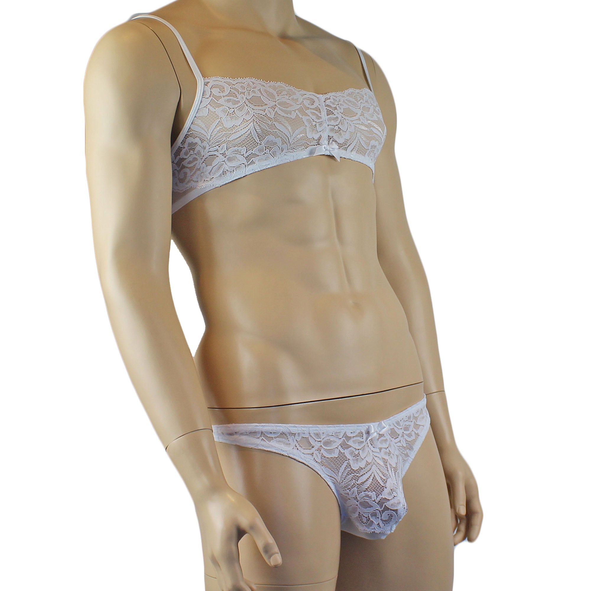 Mens Kristy Lace & Mesh Bra Top BR02L and Thong Panty White
