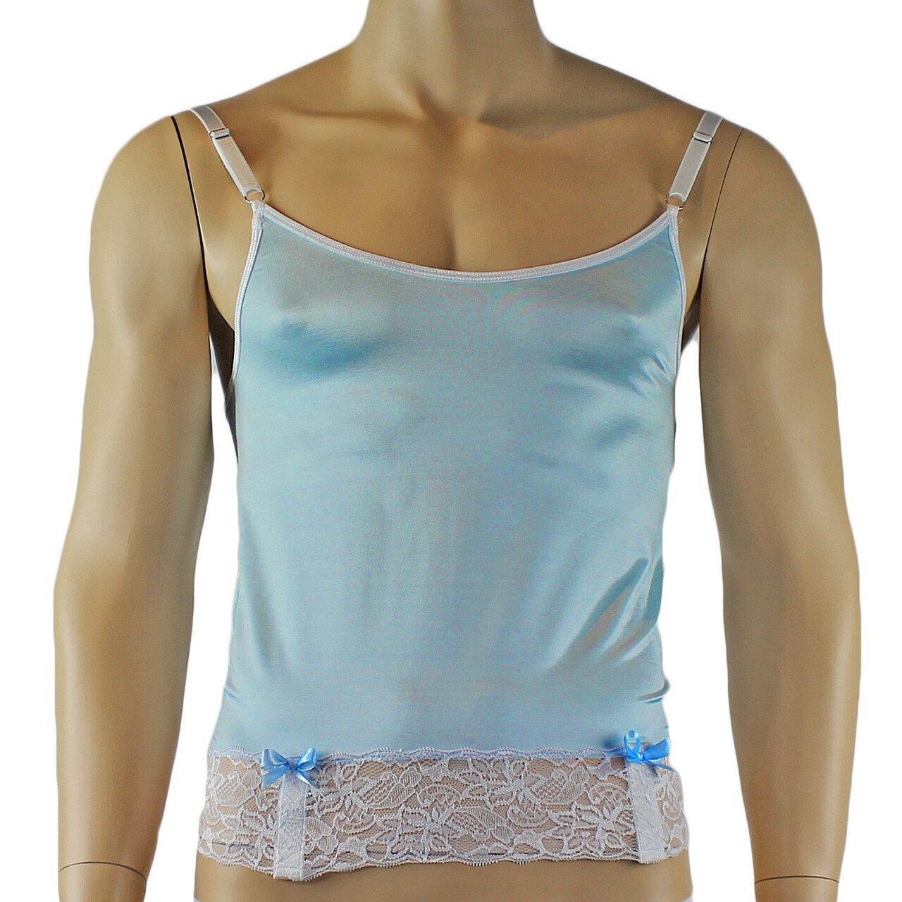 Mens Joanne Camisole Bustier Garter Top with Pouch G string & Stockings - Sizes up to 3XL Light Blue and White Lace
