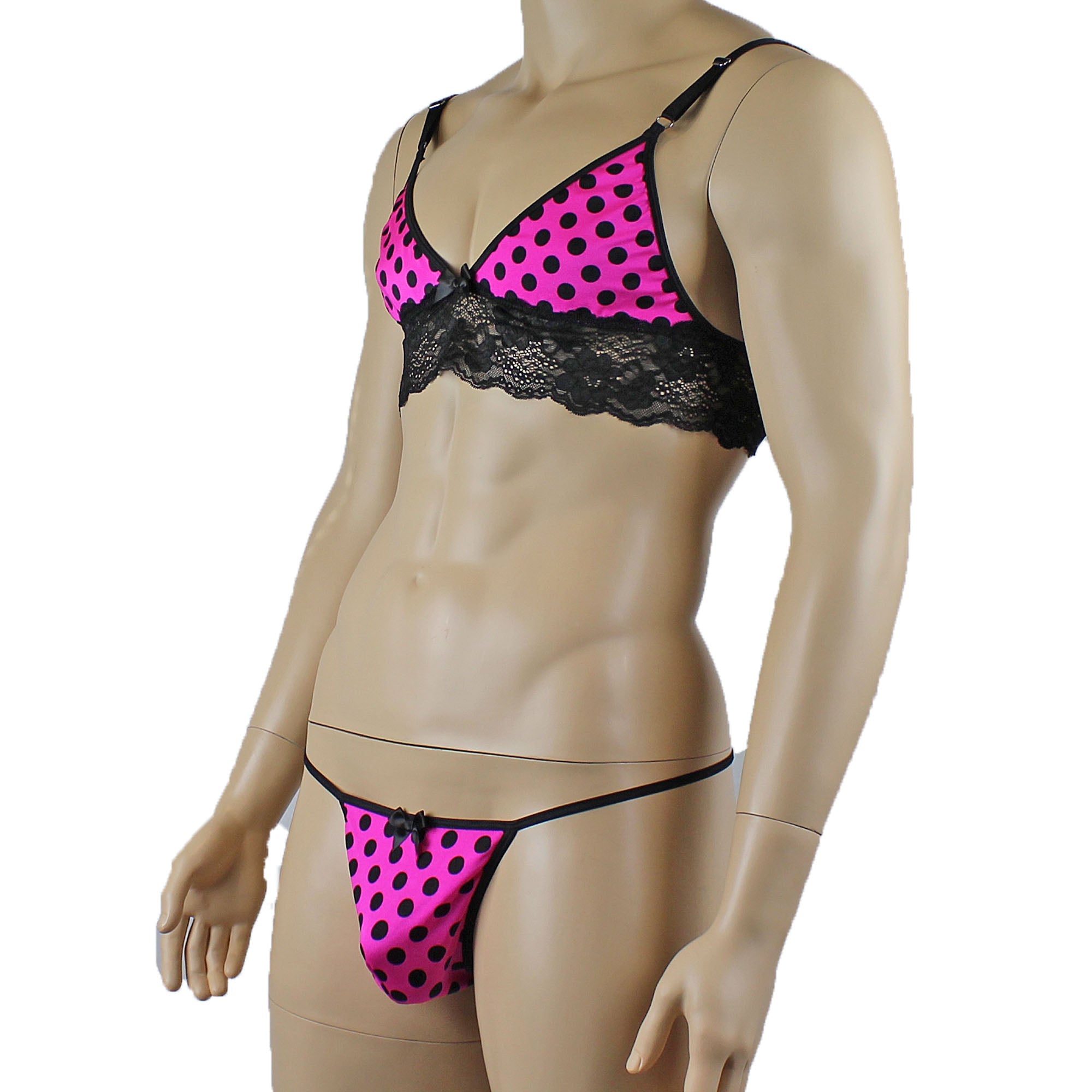 Mens Pink Polka Dot Lace Bra Top with Matching Polka G string