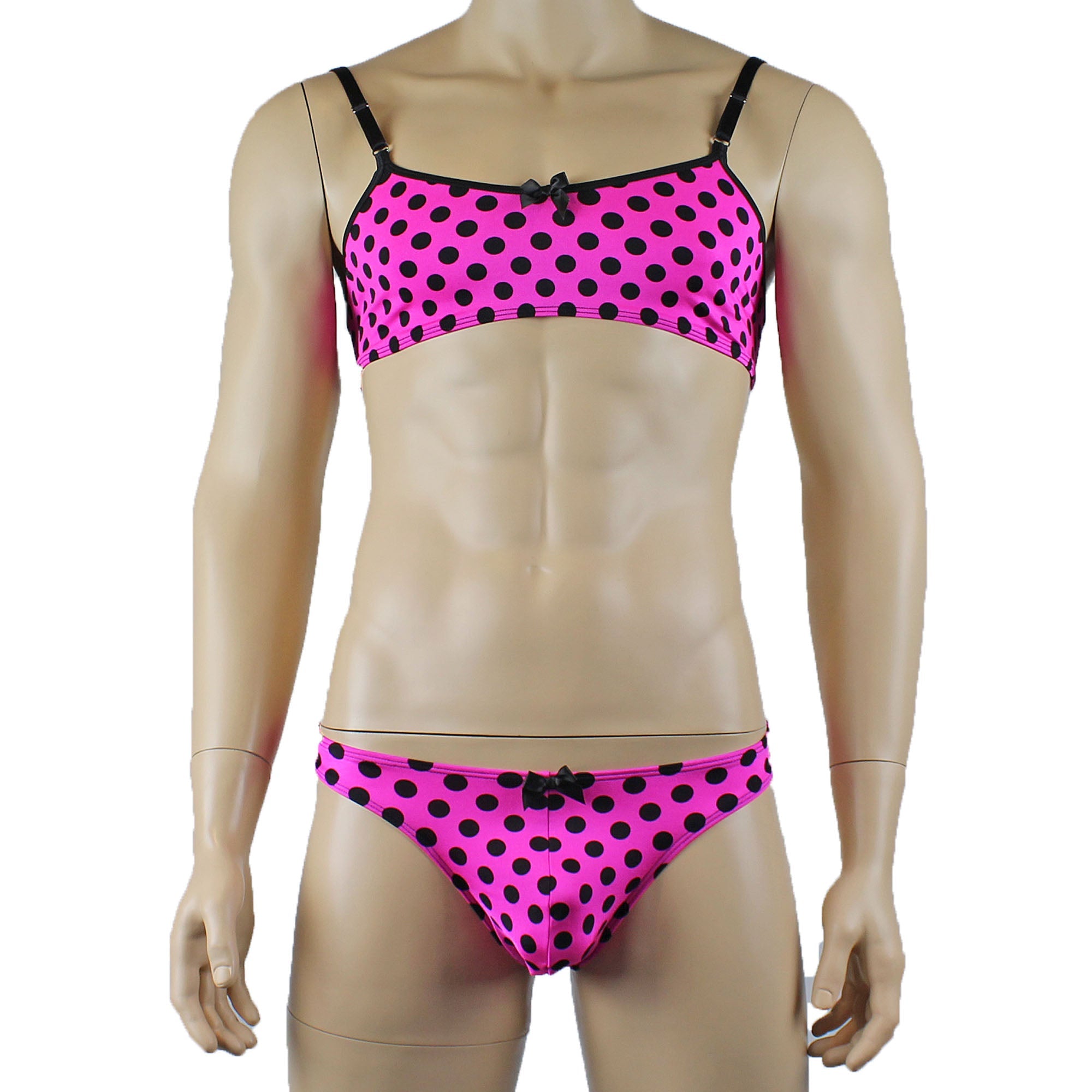 Mens Hot Pink Polka Dot Crop Top Bra & G string Thong