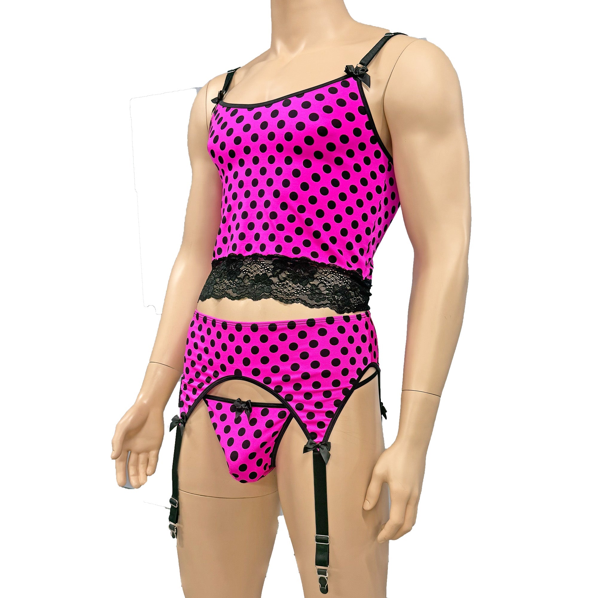 Mens Hot Pink Polka Dot with Black Lace Camisole Top with G string & Garterbelt