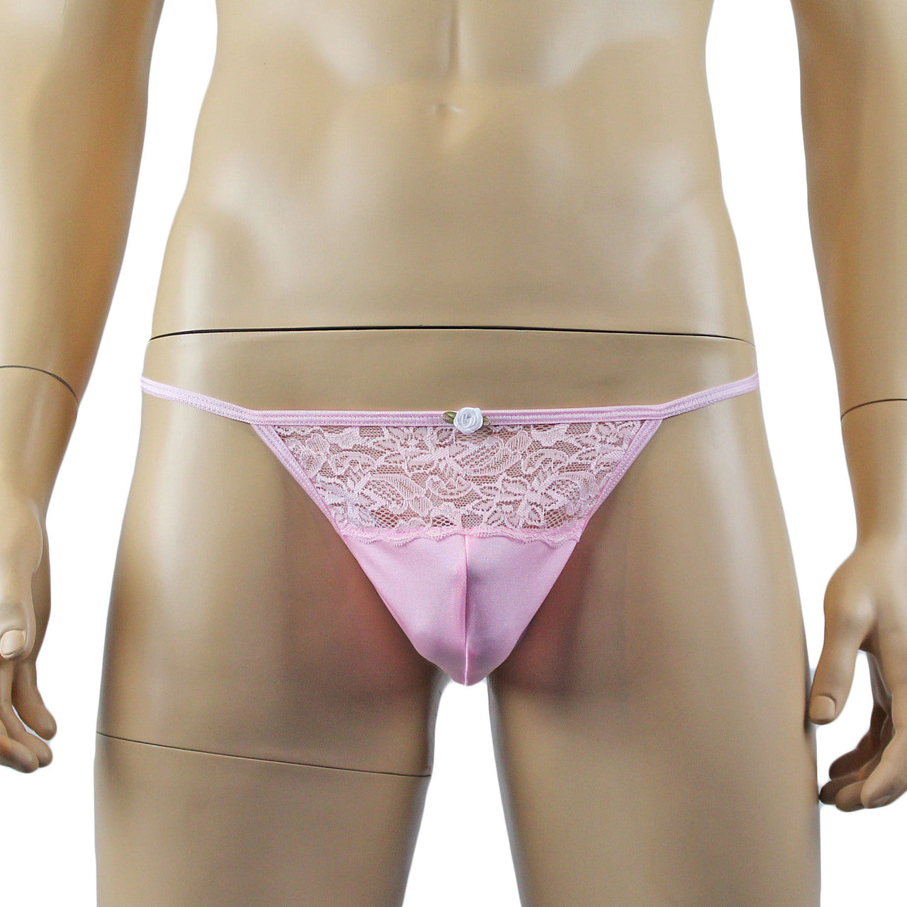 Male Penny Lingerie Bra Top with V Lace front and Pouch G string Light Pink