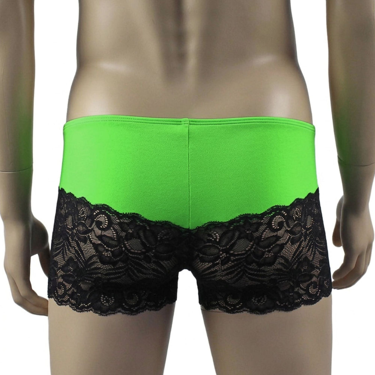 Mens Risque Bra Top, Boxer Briefs with Detachable Garters & Stockings Neon Green & Black Lace