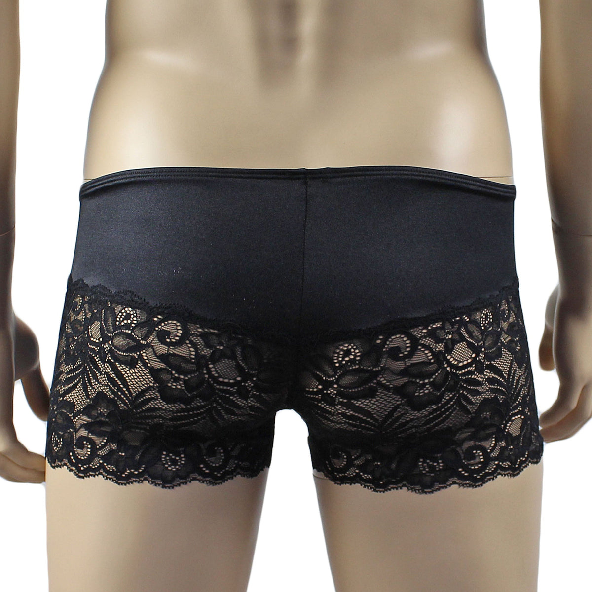 Mens Risque Bra Top, Boxer Briefs with Detachable Garters & Stockings Black & Black Lace