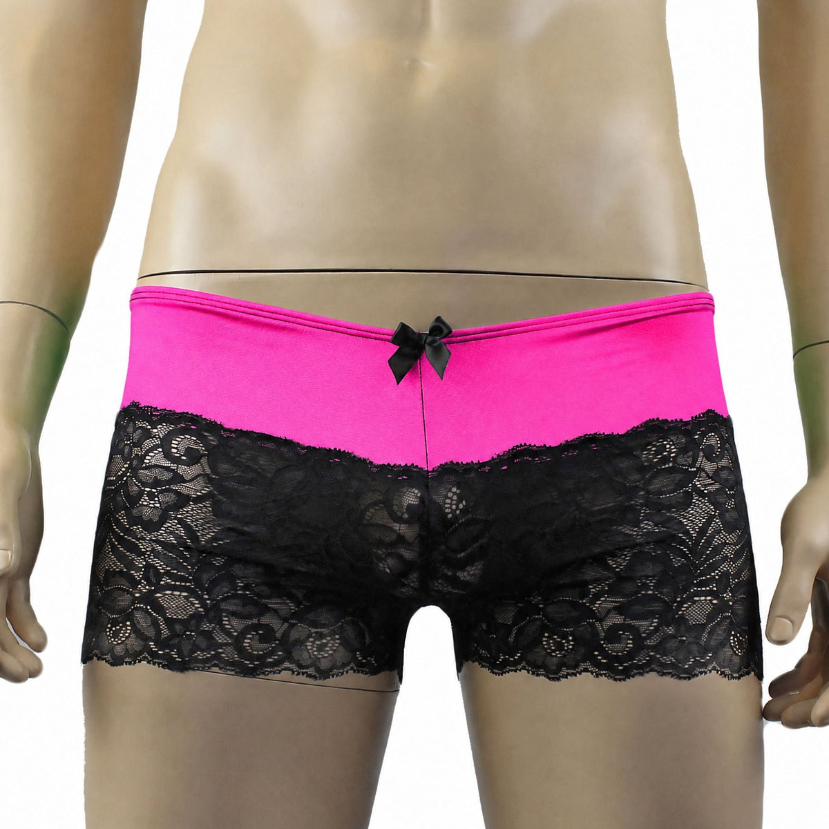 Mens Risque Bra Top, Boxer Briefs with Detachable Garters & Stockings Neon Pink & Black Lace