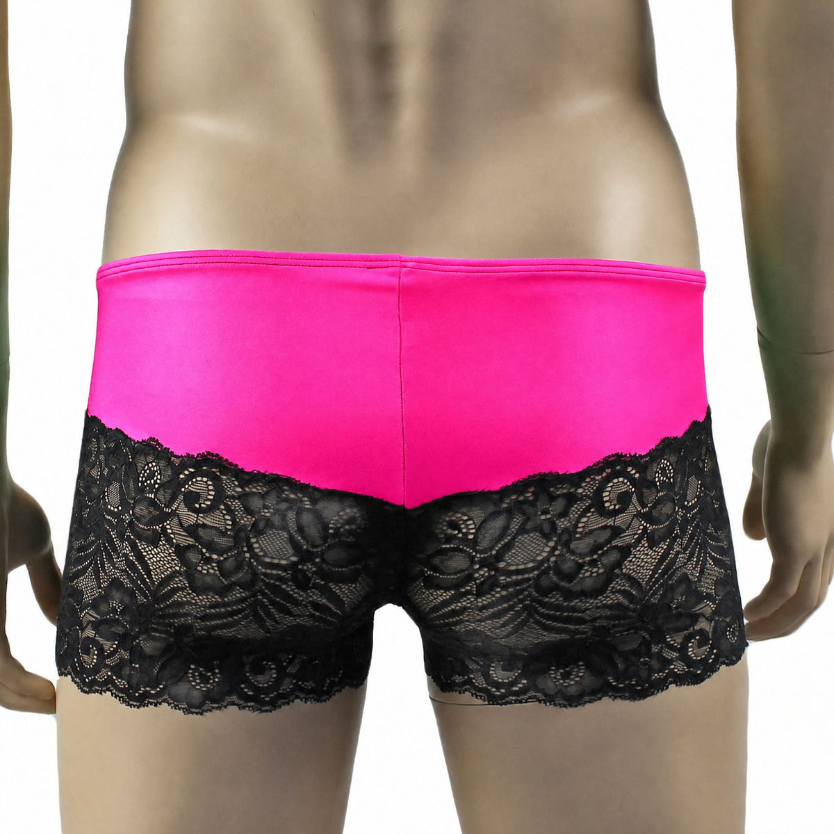 Mens Risque Camisole Top Boxer Briefs with Garters Neon Pink & Black Lace