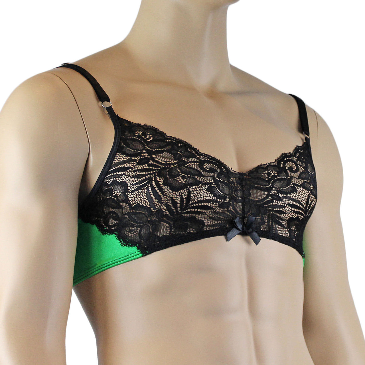 Mens Risque Bra Top with Wide Floral Lace Green & Black Lace