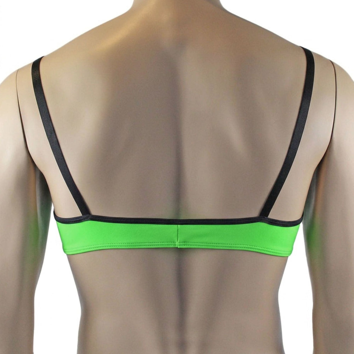 Mens Risque Bra Top, Boxer Briefs with Detachable Garters & Stockings Neon Green & Black Lace