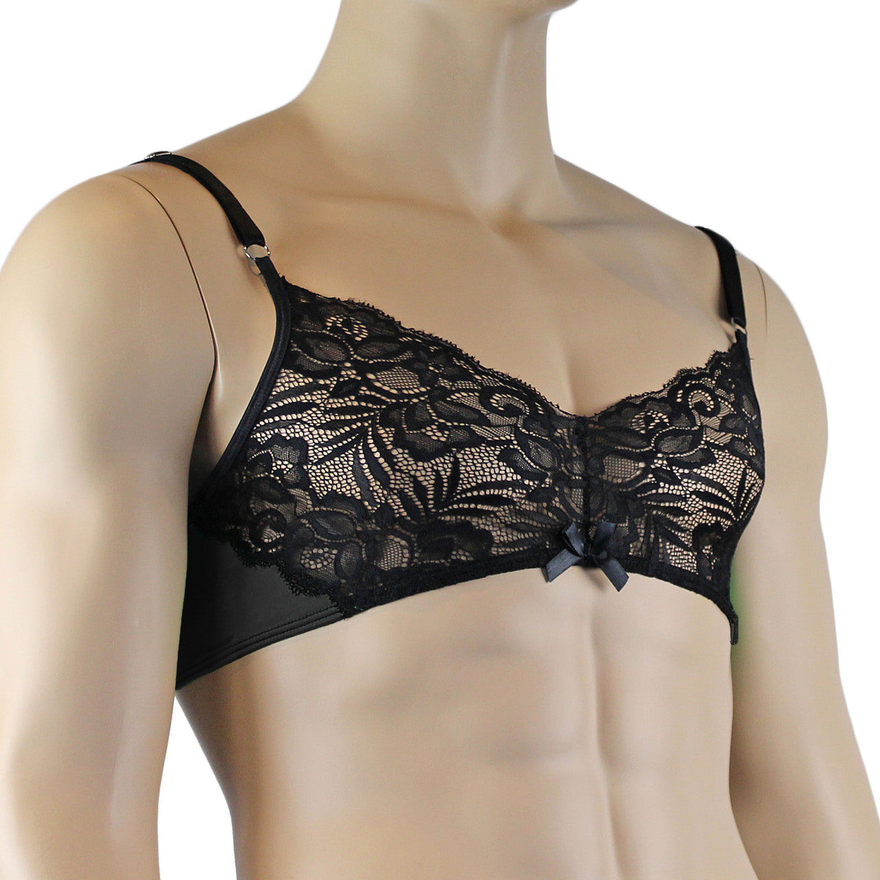 Mens Risque Bra Top with Wide Floral Lace Black & Black Lace