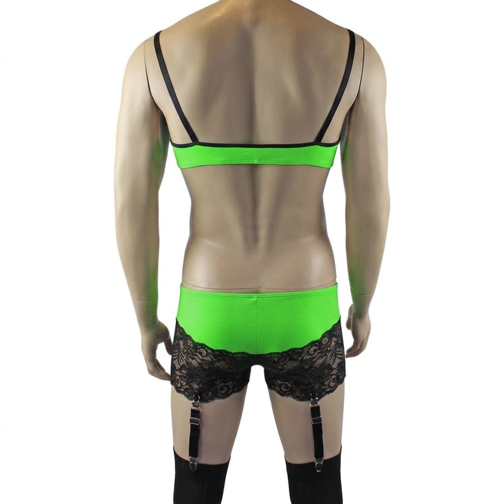 Mens Risque Bra Top, Boxer Briefs with Detachable Garters & Stockings Neon Green & Black Lace
