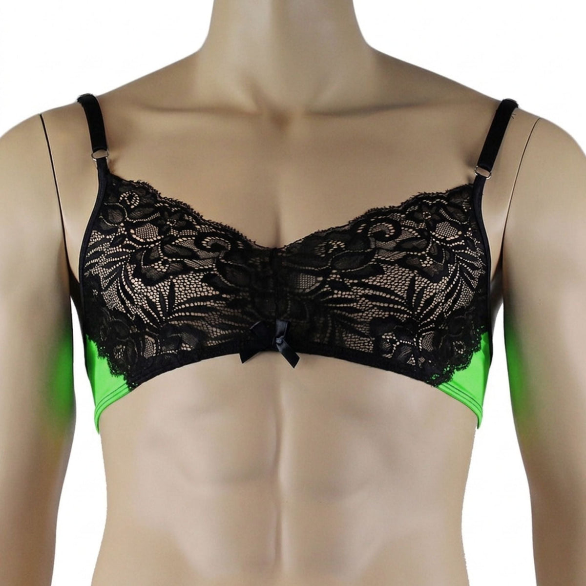 Mens Risque Bra Top, Boxer Briefs with Detachable Garters & Stockings Neon Green & Black Lace