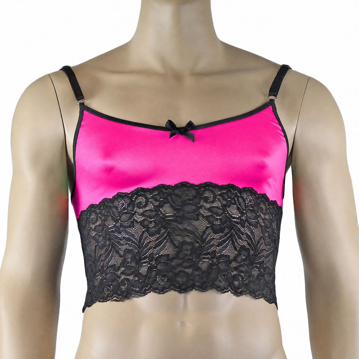 Mens Risque Camisole Bra Top with Wide Lace Trim Neon Pink & Black