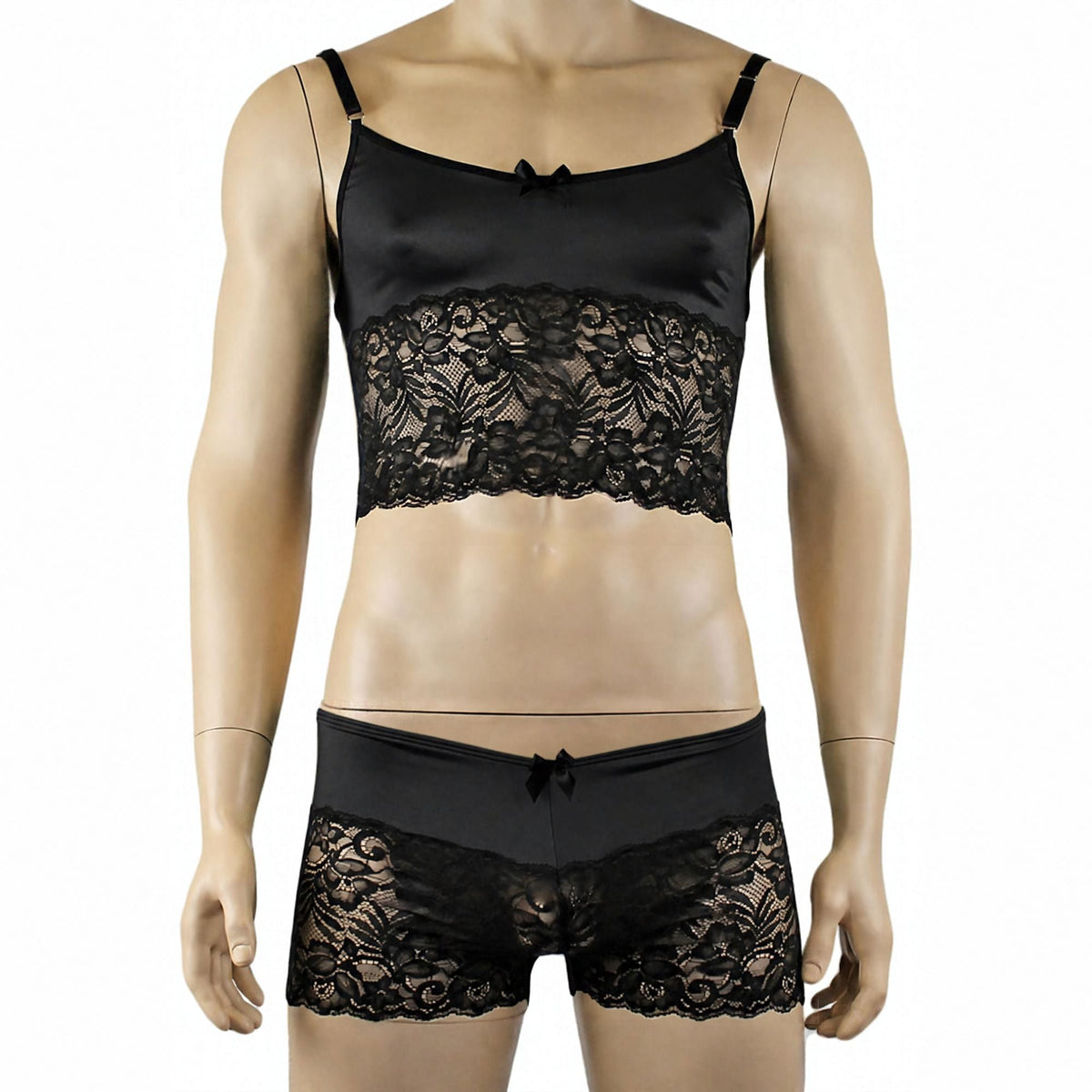 Mens Risque Camisole Top Boxer Briefs with Garters Black & Black Lace