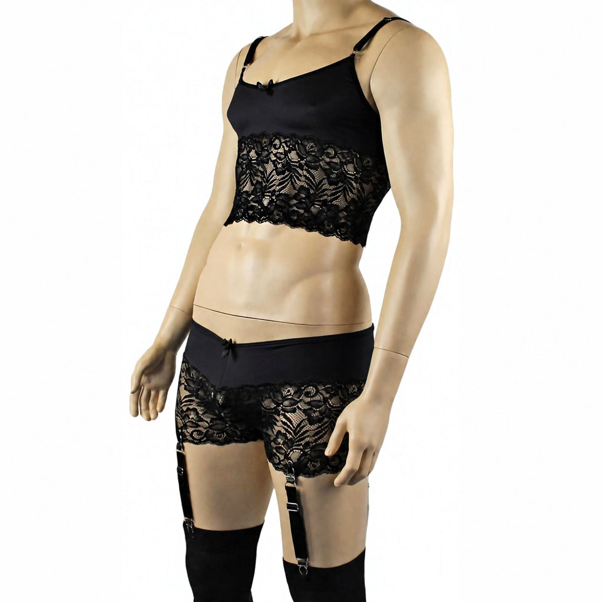 Mens Risque Camisole Top Boxer Briefs with Garters Black & Black Lace